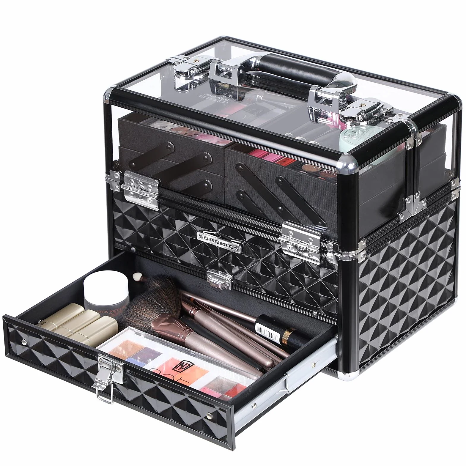 SONGMICS Deluxe etui na kosmetyki kosmetyczne, organizer kosmetyczny, do użytku profesjonalnego artysty, etui kolejowe z przezroczystą akrylową pokrywką i wysuwaną tacą, czarne JBC318B, czarny, 30