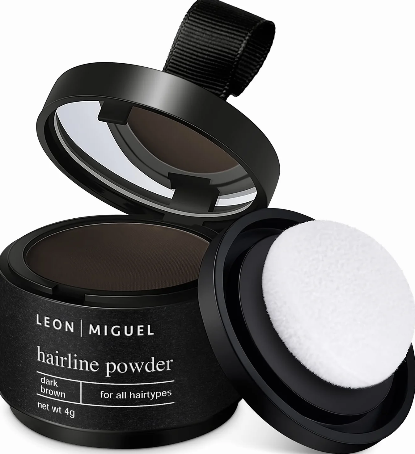 LEON MIGUEL Puder do odrostów – Hairline Powder jako wodoodporny korektor do włosów do kaszerowania odrostów dla kobiet i mężczyzn, niewidoczny makijaż do zagęszczania włosów – 4 g | ciemny brąz