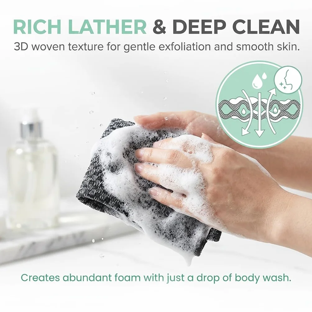 Exfoliating Antibacterial Shower Towel, bardzo długa myjka peelingowa dla mężczyzn i kobiet, głęboko oczyszczający pas do mycia pleców do delikatnego peelingu ciała, czarny