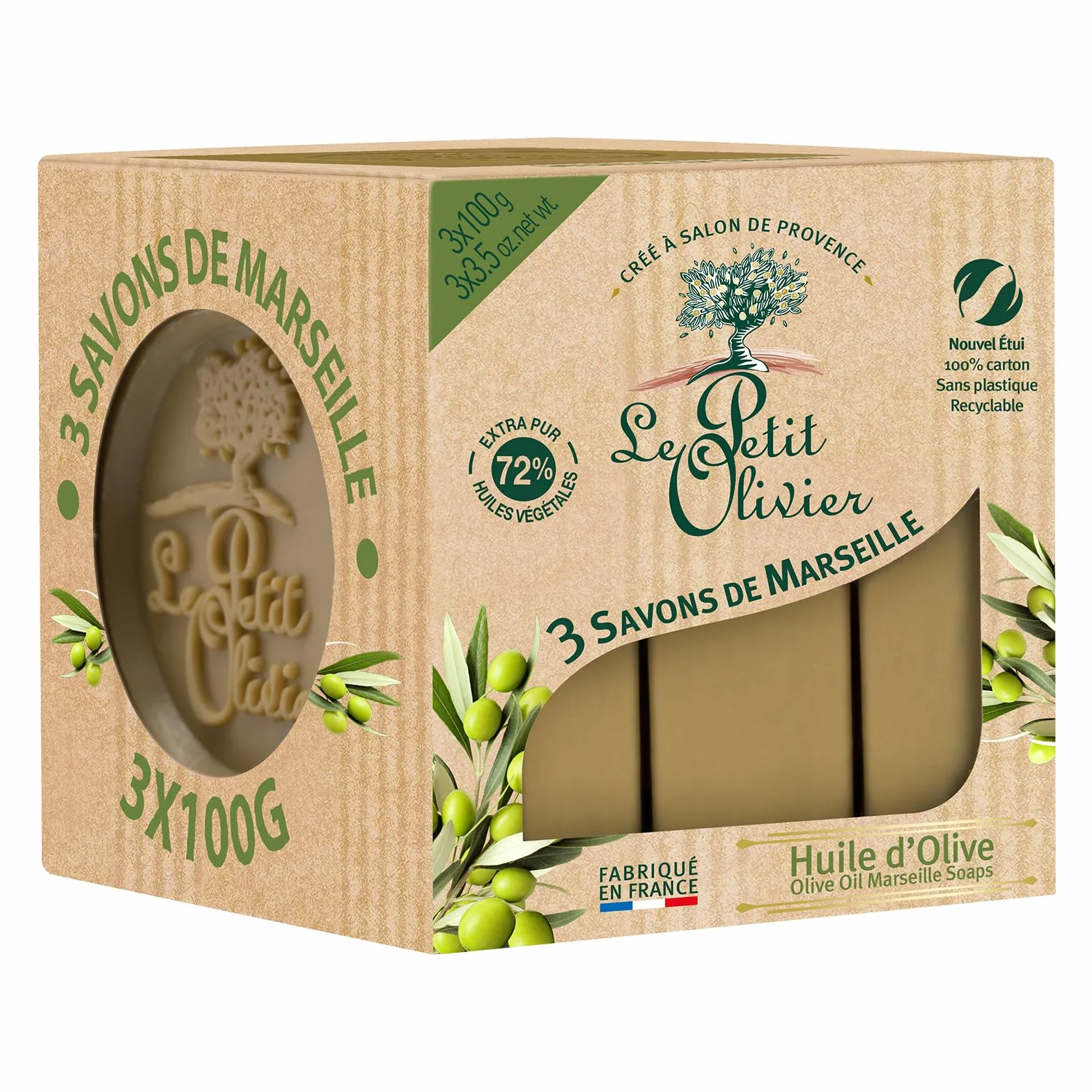THE PETIT OLIVIER - 3 mydła marsylijskie - Oliwa z oliwek - zapach regionu tłustego - delikatnie oczyszcza skórę - Wyprodukowano we Francji - 3x100g