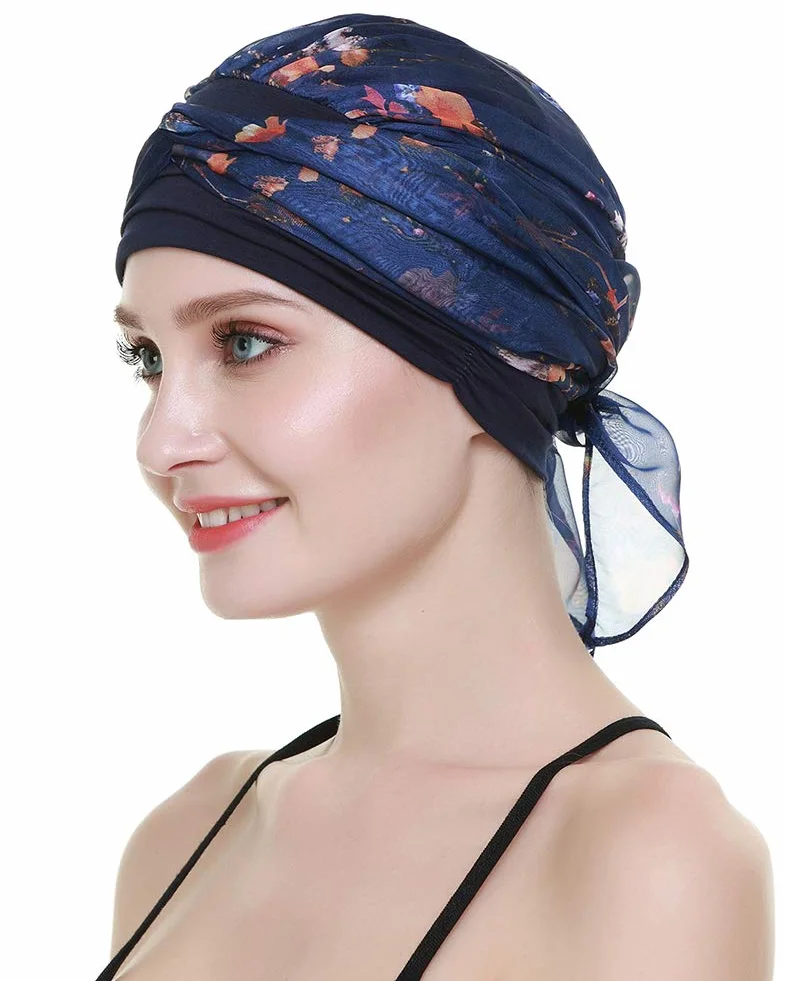 FocusCare chemo turban nakrycie głowy dla kobiet po chemioterapii chorych na raka, granatowy żółty, jeden rozmiar