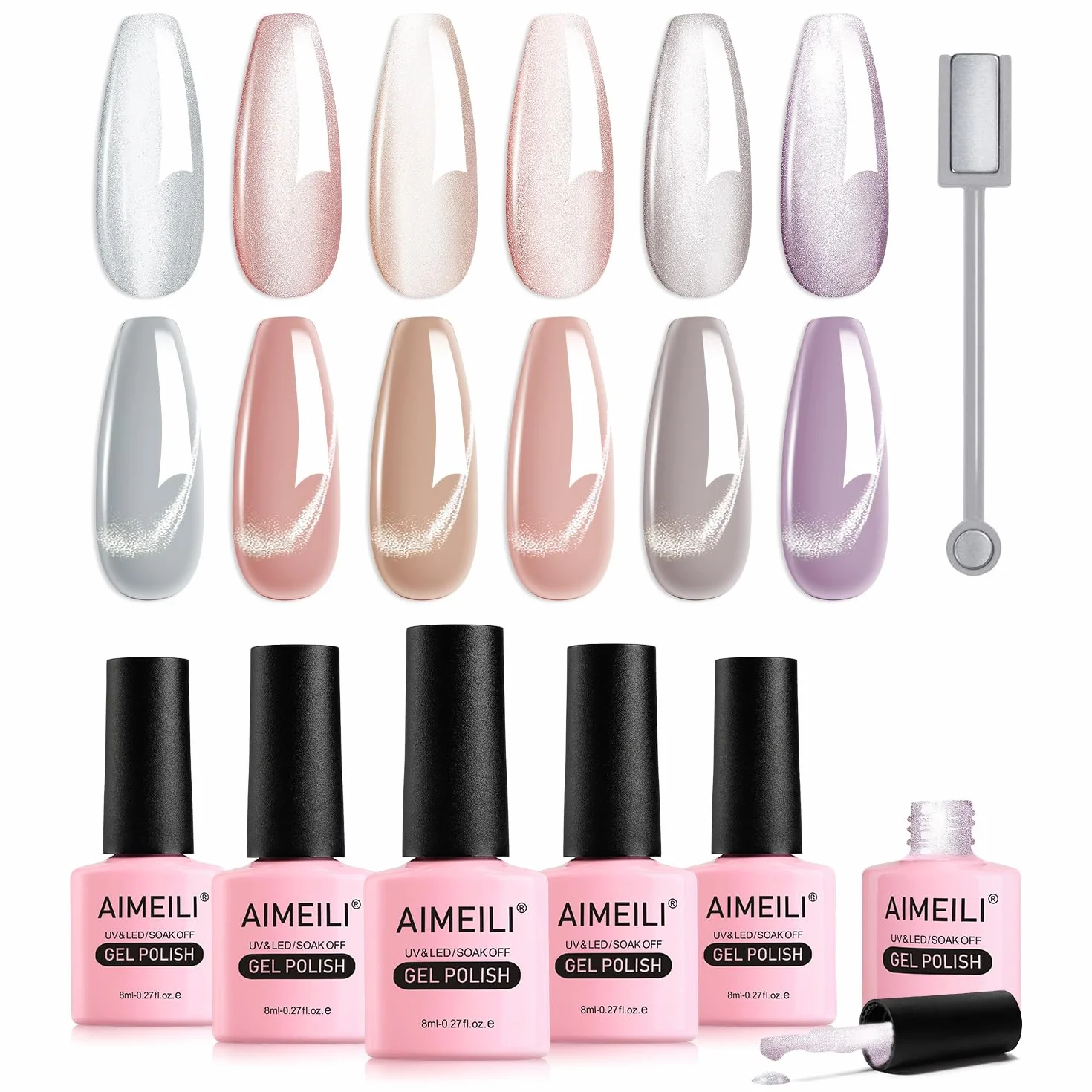 AIMEILI Cat Eye UV Gel Set - 6 kolorów lakieru do paznokci z magnesem, lakier do paznokci UV Soak Off - 8 ml, 6-62