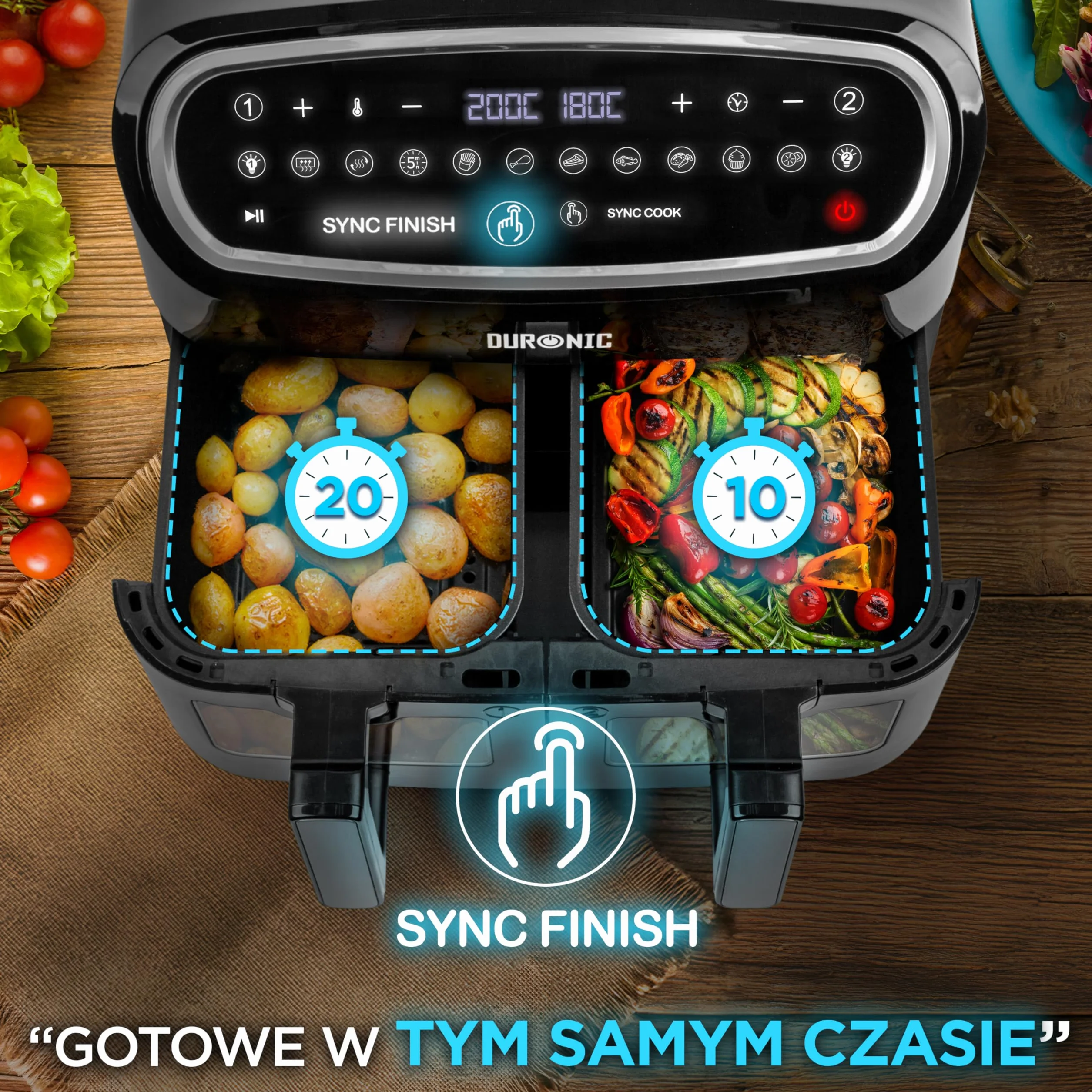 Duronic AF34 BK Frytkownica beztłuszczowa na gorące powietrze | Air fryer XXL z AFD1 duża komora 10l i 2x po 5l dwukomorowa wielofunkcyjna | dual