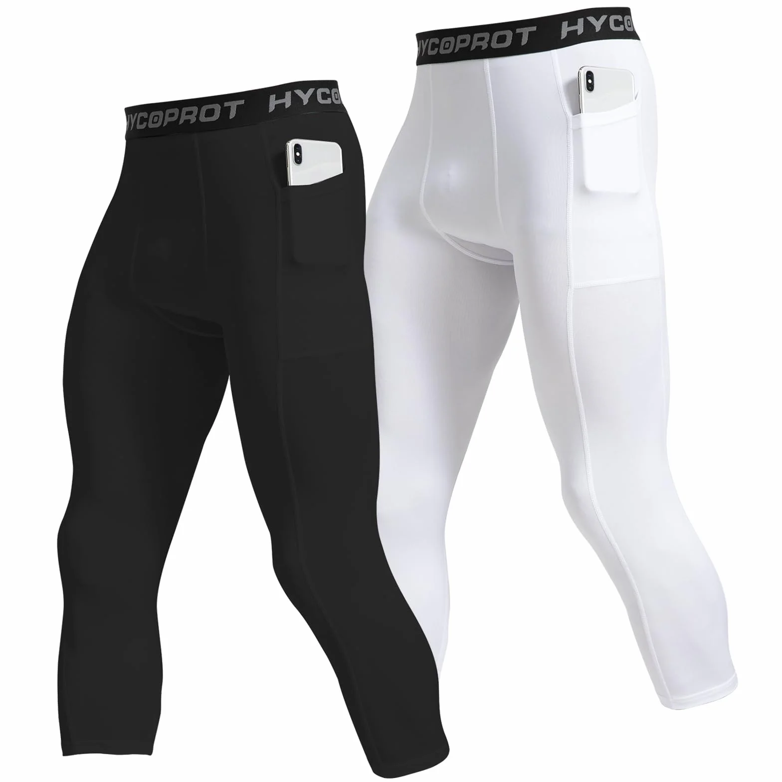 HYCOPROT Męskie Spodnie Kompresyjne 3/4 z Kieszeniami Bieganie Trening Sportowy Rajstopy Capri Legginsy Base Layer Koszykówka Siłownia