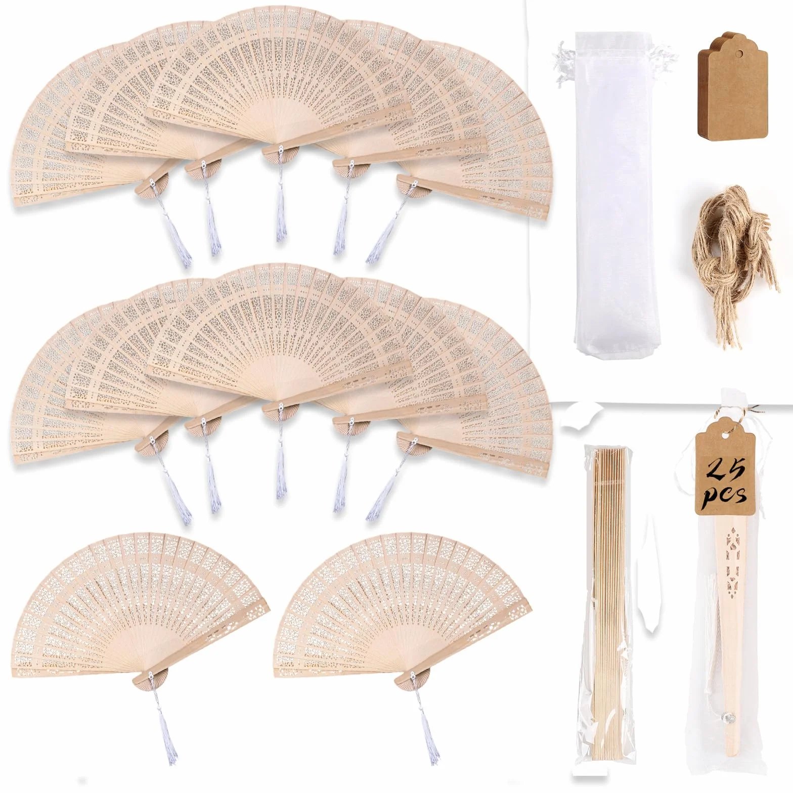 LALAGO 25 szt. Bambusowy wachlarz, wachlarze ślubne, bambusowy składany wentylator, hiszpański wentylator, kieszonkowe wachlarze, na ślub baby shower prezent dla gości (drewno)