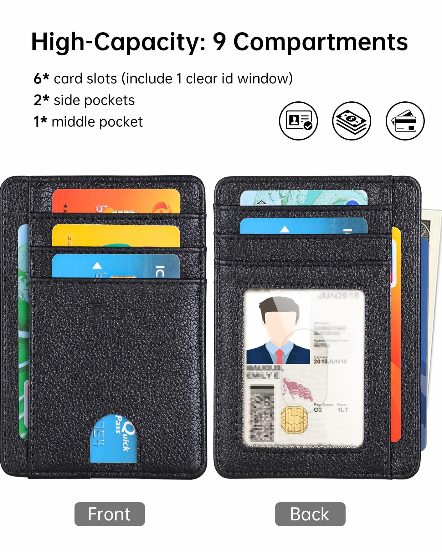 Teskyer Portfel na karty, wąskie portfele na karty kredytowe, minimalistyczne, blokowanie RFID, 1 okienko na dowód osobisty, mieści do 8 kart, Czarny, Slim (11.7 x 8.1 x 1 cm), Minimalistyczny