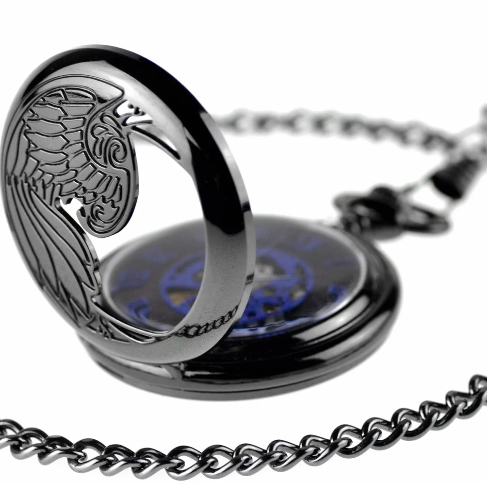 Infinite U Mechaniczny zegarek kieszonkowy dla mężczyzn i chłopców, orzeł/anioł/feniks niebieski cyfra rzymska tarcza mechaniczna zegarek kieszonkowy szkielet, stalowy naszyjnik, czarny