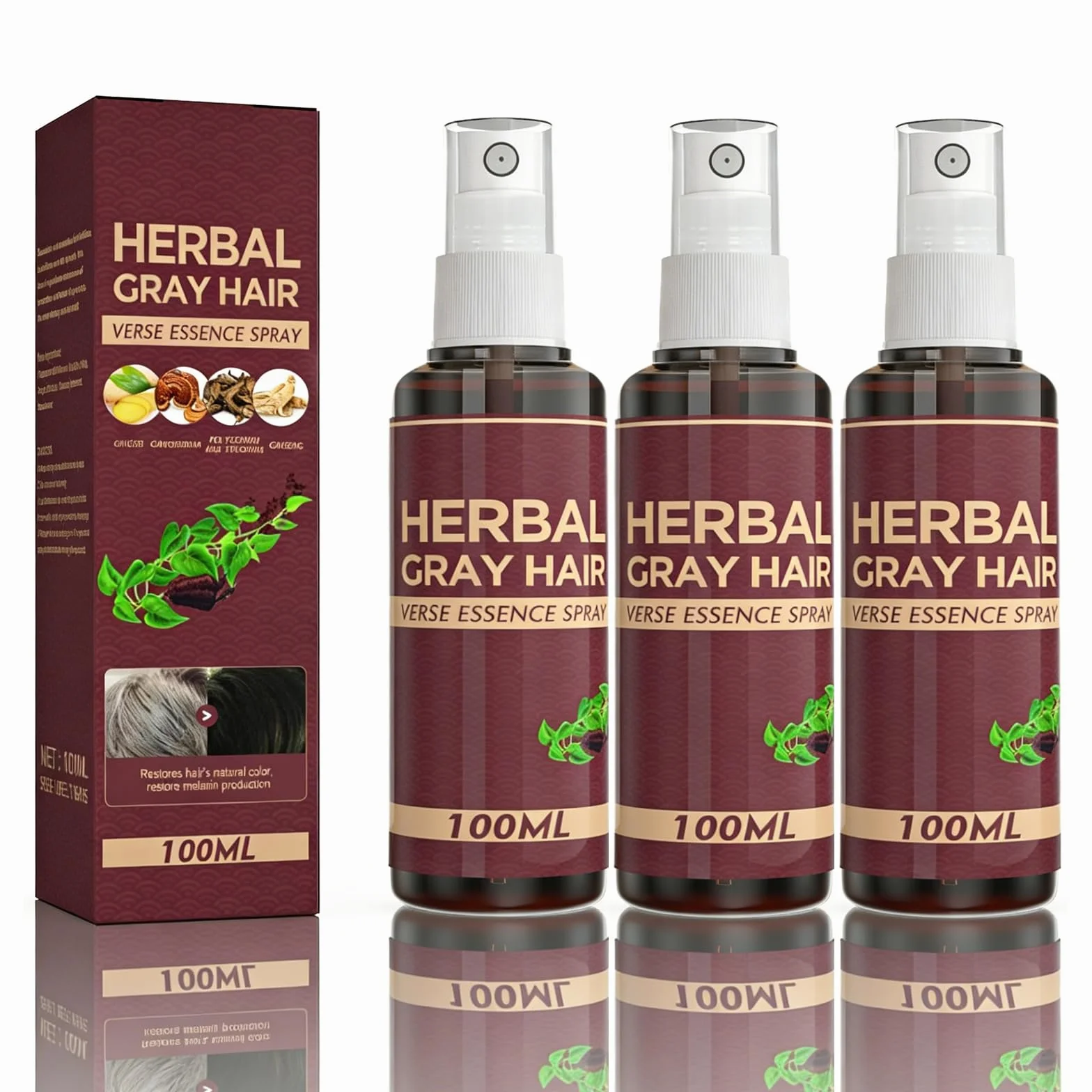 Herbal Gray Hair Spray, ciemna odżywka, ziołowy lakier do włosów siwych włosów, wspomaga naturalny ciemniejszy wygląd, wzmacnia pielęgnację (3 szt.)