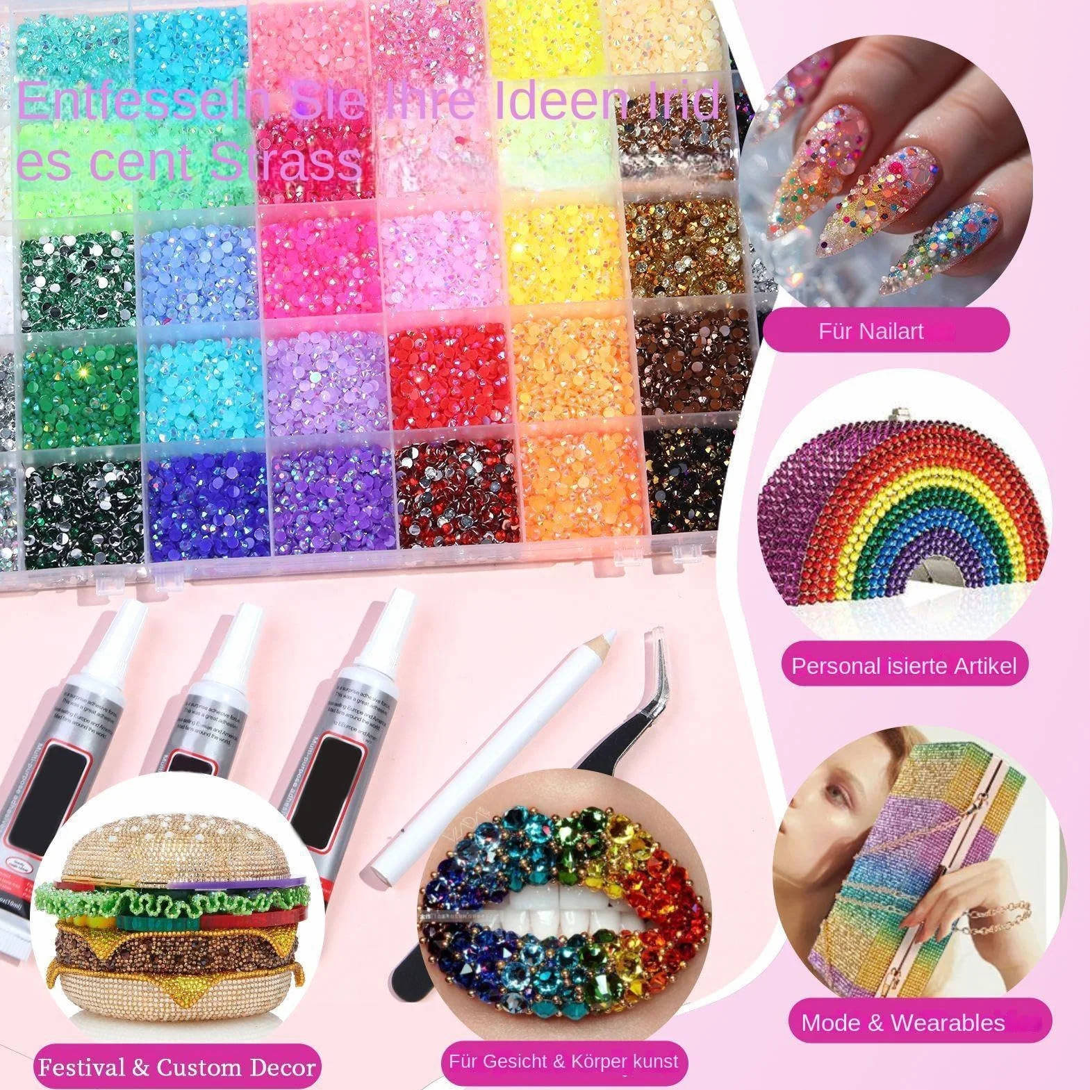 Rhinestones Bedazzling Kit, ozdoby do paznokci z klejnotami, wielokolorowe kamienie strasu z precyzyjnym aplikatorem, Rhinestone Bedazzler Kit, styl do etui na telefon i ubrania