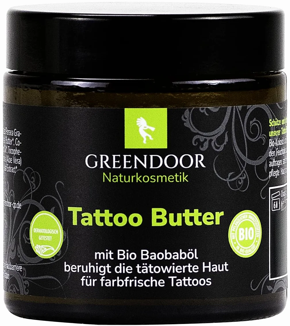 GREENDOOR Masło do tatuażu 120 ml do tatuaży w świeżych kolorach, naturalna wegańska pielęgnacja tatuażu bez perfum, profesjonalna pielęgnacja skóry wytatuowanej – bezpośrednio od producenta