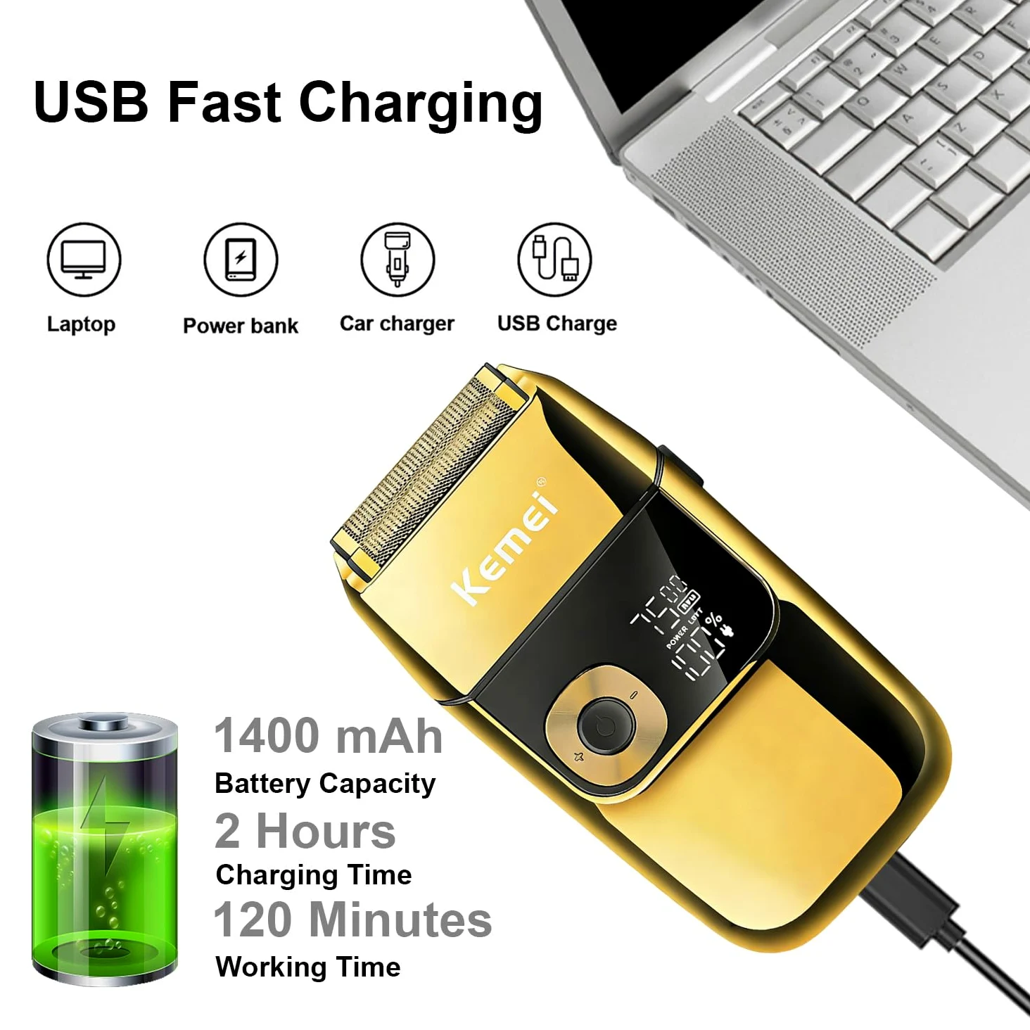 KEMEI Golarki elektryczne dla mężczyzn, golarki bez kabla z wyświetlaczem LCD, ładowane przez USB z wysuwanym trymerem do brody, najlepszy prezent podróżny na całym świecie, model KM 2028, złoty