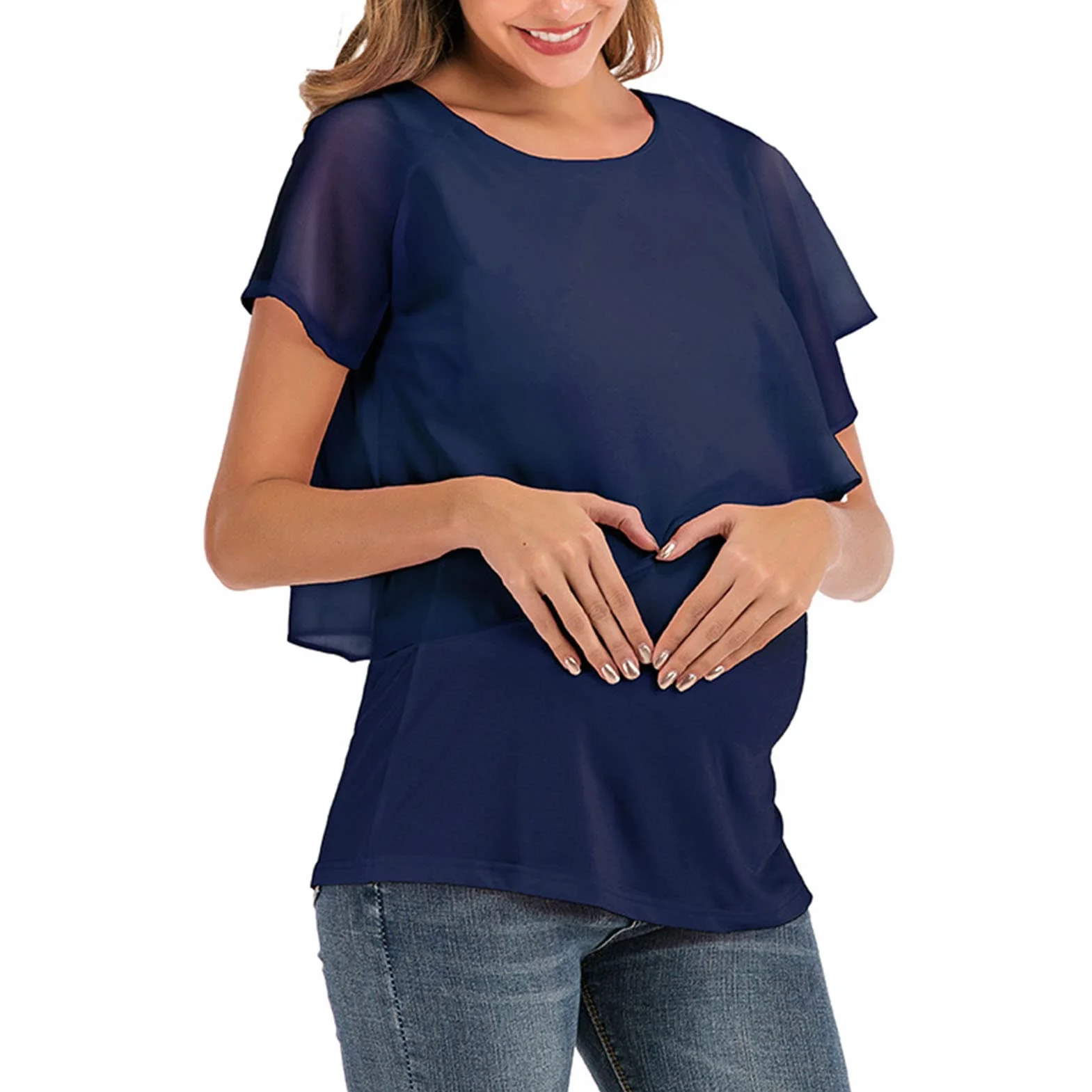 Top do Karmienia piersią, Okrągły Dekolt, Szyfon, Casual, Damski Top do Karmienia, Wygodny, Praktyczny do Karmienia piersią (M)