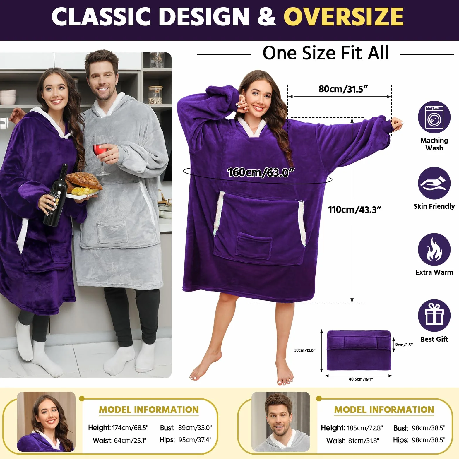 Tuopuda Bluza z kapturem, damska i męska, oversize, sweter z długim rękawem, ogromna bluza z kapturem, koc z rękawami, prezent dla kobiet i mężczyzn, oversize, z kieszeniami na zimę