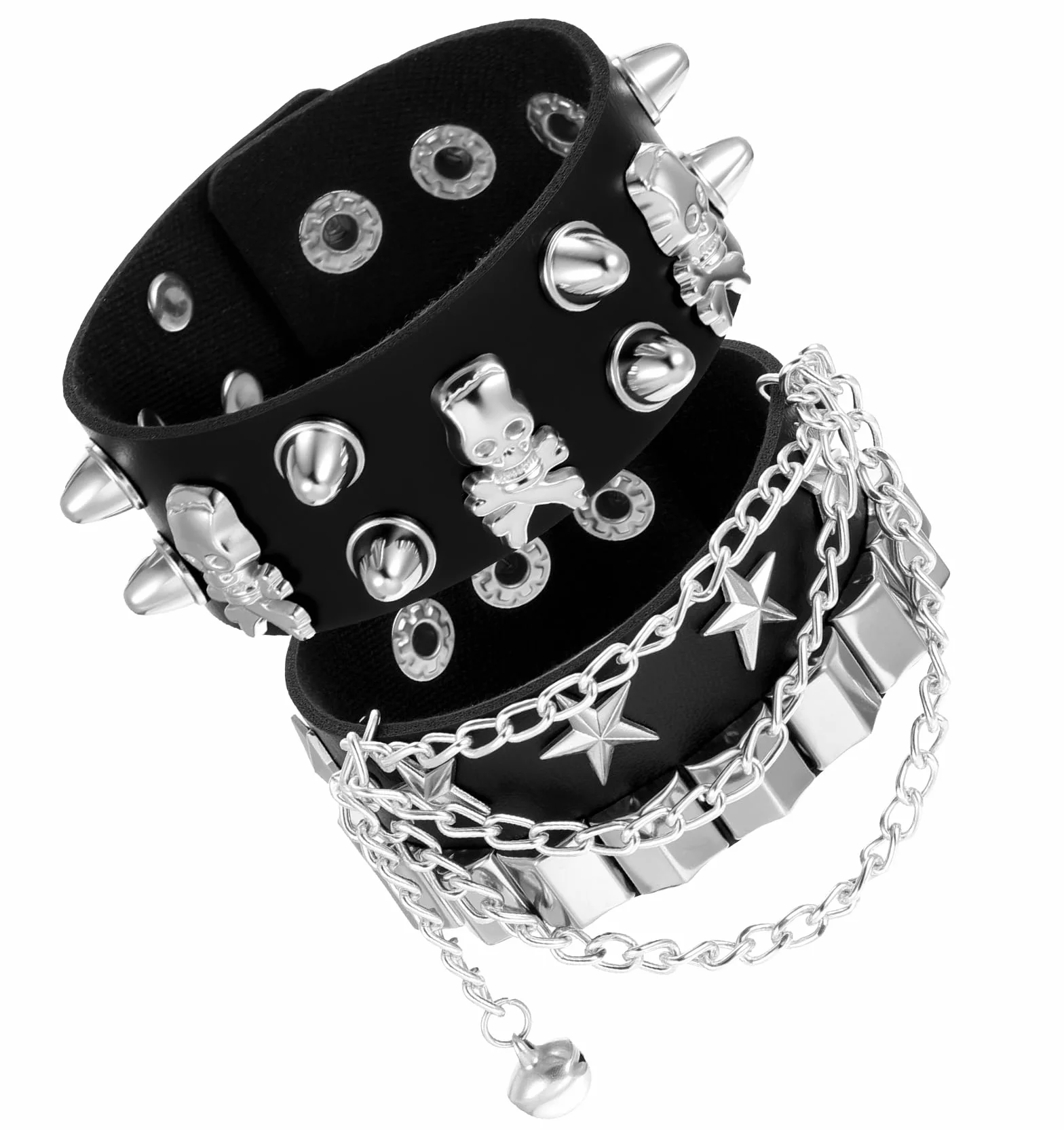 2 szt. bransoletek emo, zestaw bransoletek z kolczastymi skórzanymi mankietami, regulowana opaska na nadgarstek emo i rockowa dla mężczyzn i kobiet (czarne)