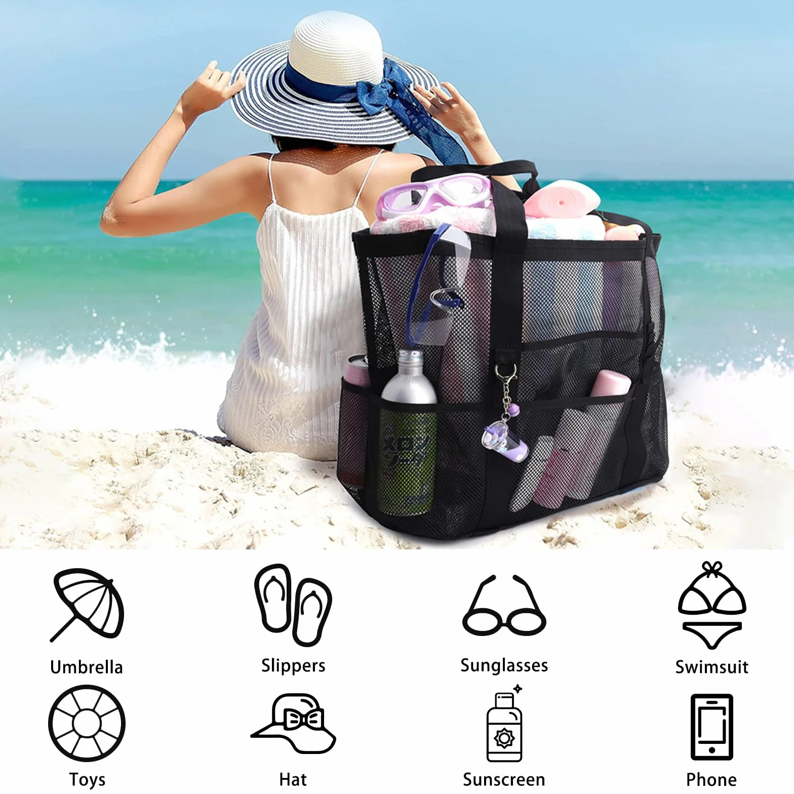 Duża torba plażowa z siatki, Czarna sieciowa torba plażowa dla kobiet, Składana torebka na rękę na plażę, urlop, podróże, piknik, siłownię, zakupy, do noszenia na co dzień (45 * 33 * 15CM)