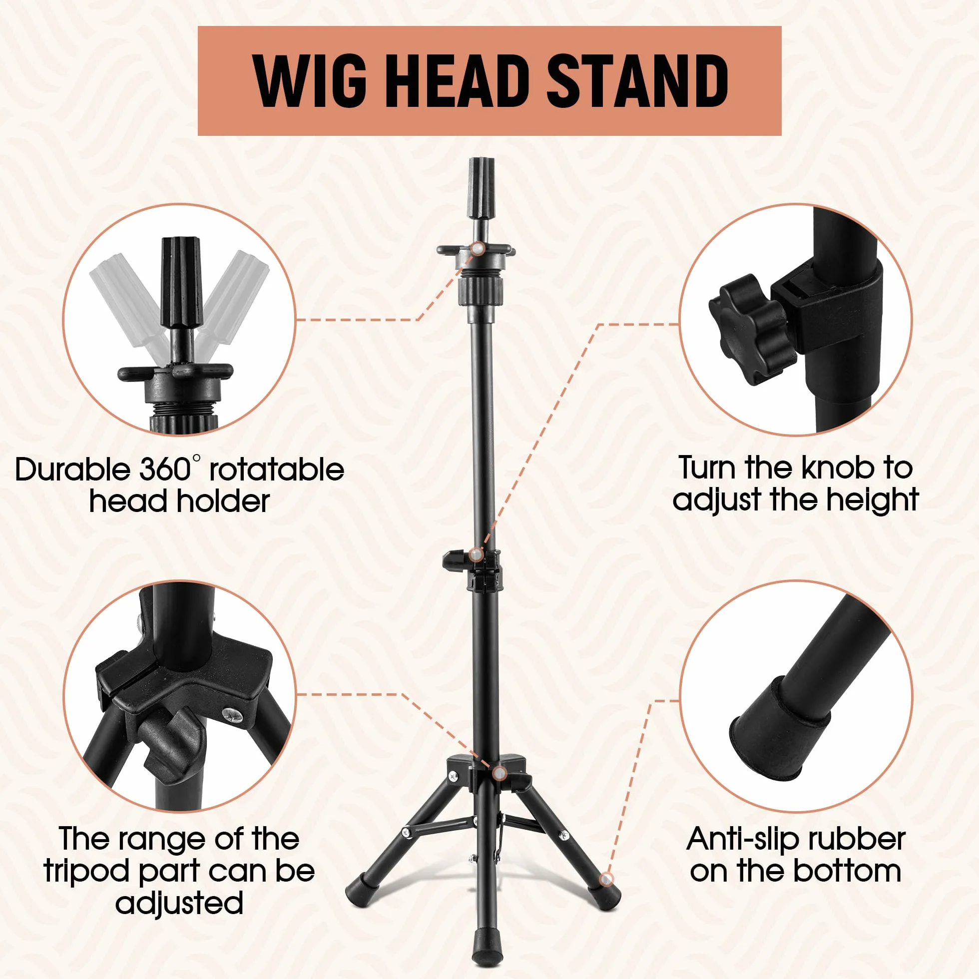 Statyw pod perukę 58 cm z głową peruki i zestawem stojaka, klipsy, szpilki T, igły C, torba