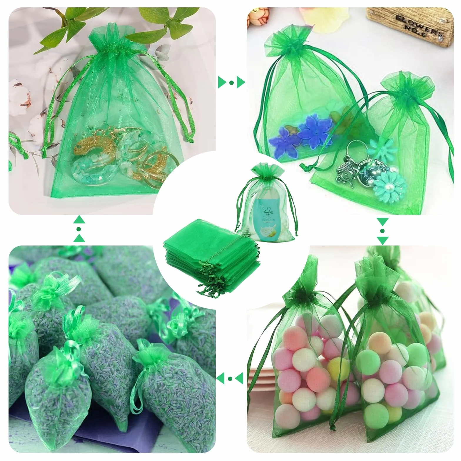 Woreczki z organzy, 30 sztuk, 20 x 30 cm, woreczki na biżuterię, duże woreczki z organzy, do napełniania, na prezenty ślubne, Boże Narodzenie, imprezę, prezent (zielone)