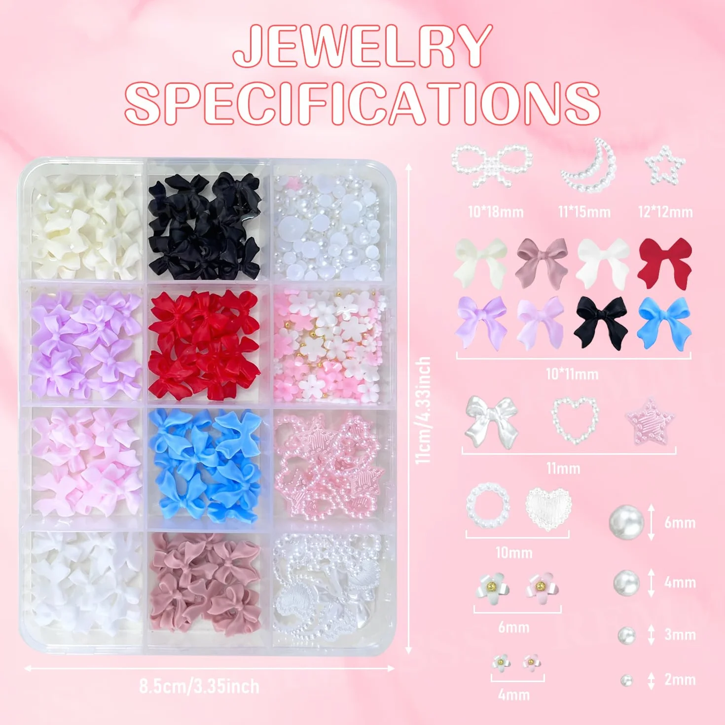 1 pudełko 12 siatek 3D Dekoracja paznokci, DIY Nail Art Design, Akcesoria do zdobienia paznokci dla kobiet i dziewcząt, mieszane kolorowe kokardy, płaskie tło koraliki, gwiazdy, kwiaty