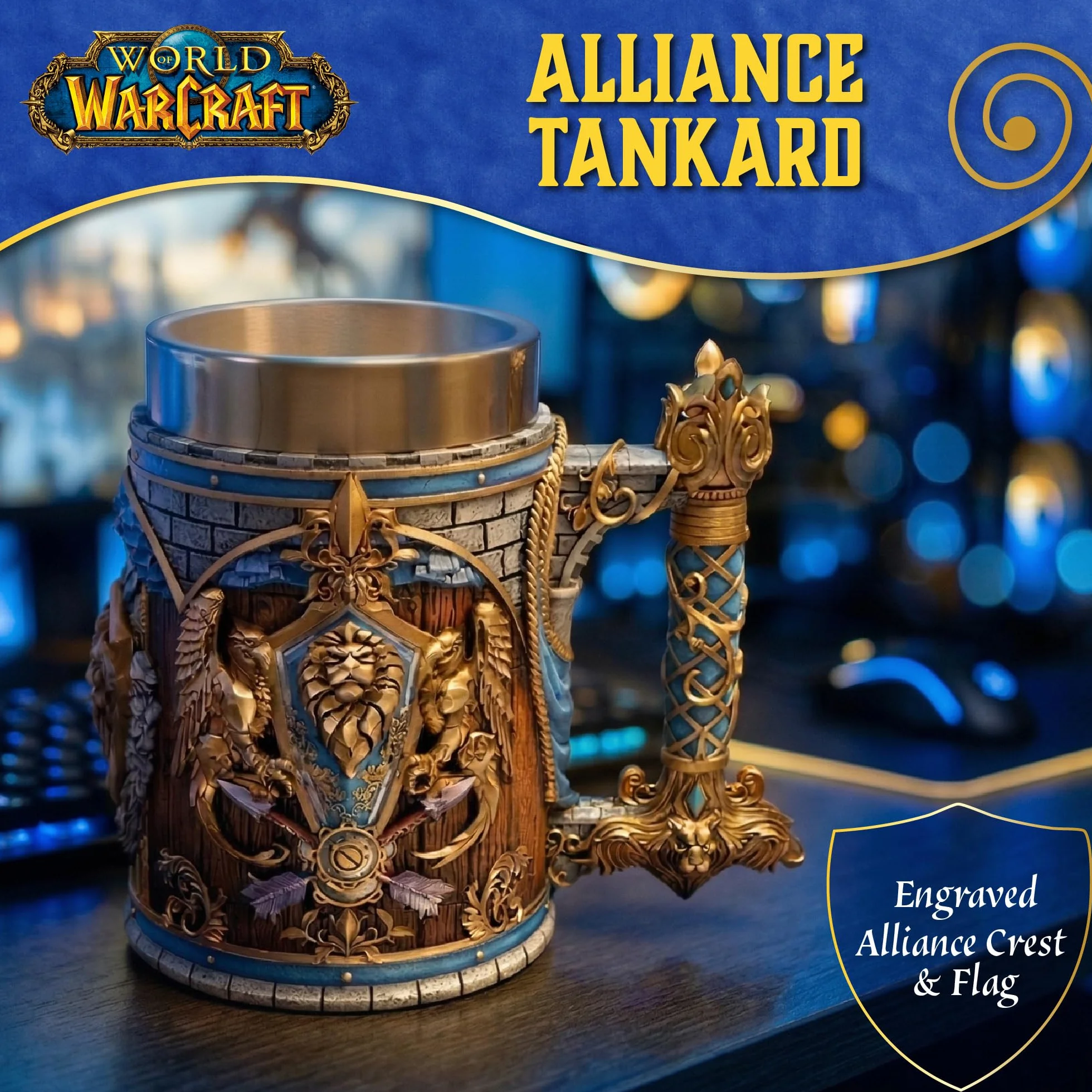 Nemesis Now World of Warcraft Alliance Tankard 15,5 cm – oficjalnie licencjonowane naczynia do picia Alliance z herbem, wzorem flagi i wkładką ze stali nierdzewnej