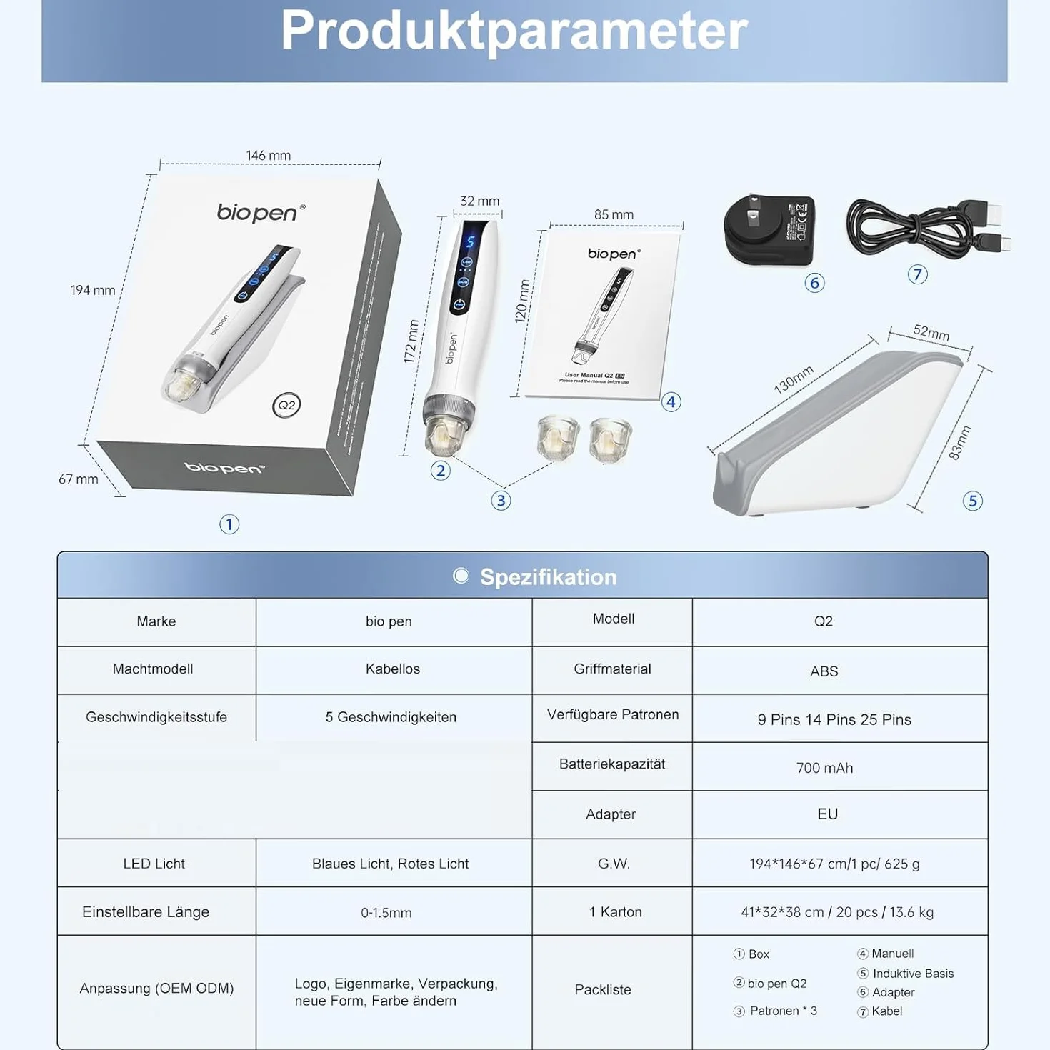 Microneedling Pen z EMS LED 3 w 1 Derma Pen Q2 z inteligentną podstawą czujnika, 3 wkłady do twarzy, ciała, porostu włosów