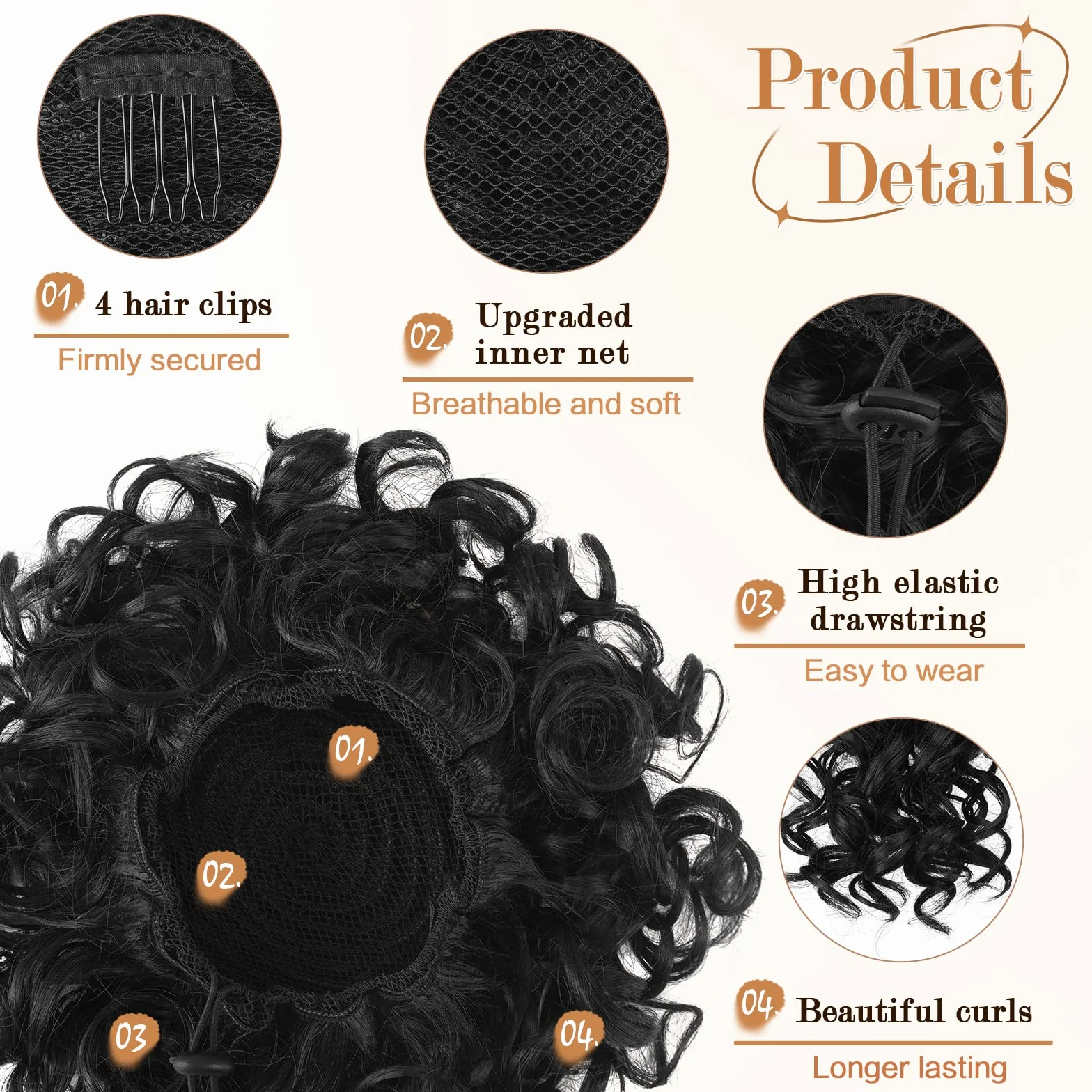RUWISS Messy Bun krótkie kręcone przedłużenie końskiego ogona, elastyczny ściągacz, luźne włosy, treska dla kobiet, updo (80 g, naturalnie czarne)