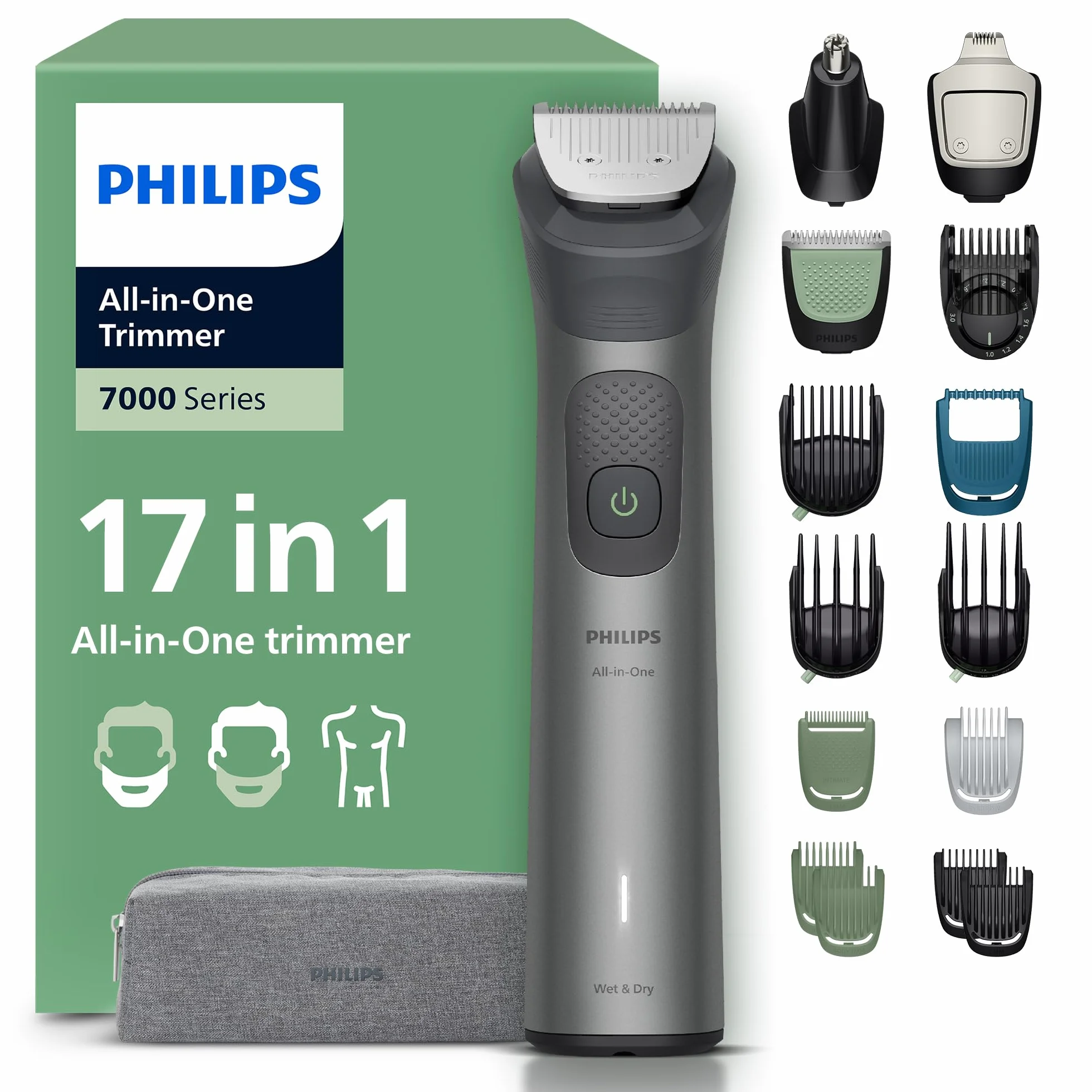 17-elementowy trymer Philips Multigroom All-in-One z serii 7000: trymer do twarzy, głowy i ciała, samoostrzące się metalowe ostrza, 26 ustawień długości (0,5-20 mm), model MG7961/15
