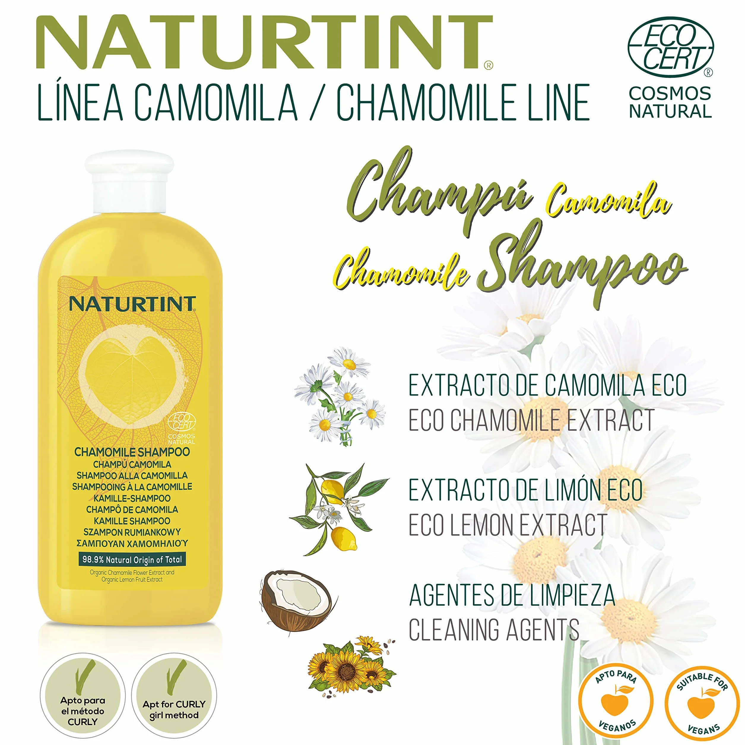 Naturtint | Wegański szampon rumiankowy | intensywne złote refleksy. Ecocert. 98,9% naturalne składniki | rumianek i cytryna | 330 ml