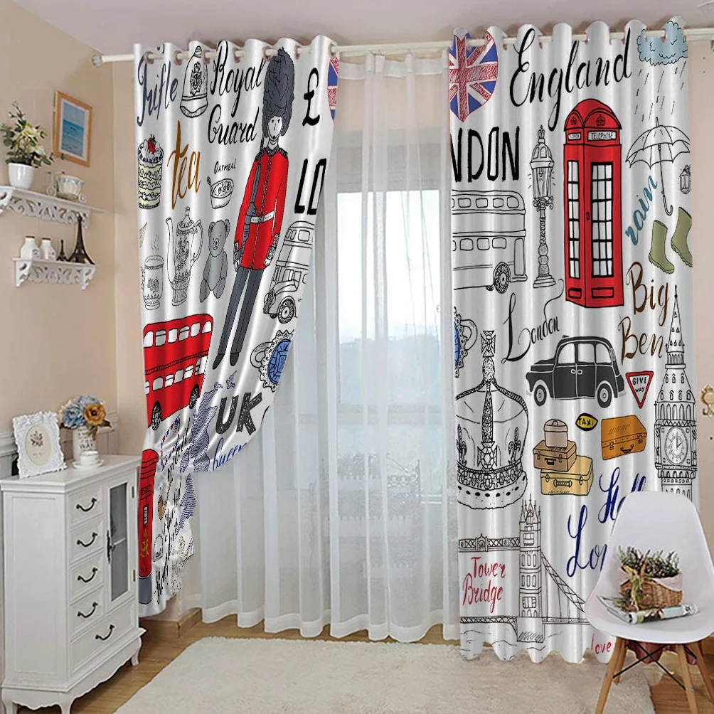 Zasłony zaciemniające 3D do pokoju dziecięcego, Londyn, 2 x szer. 110 x wys. 215 cm, 100% poliester, odpowiednie do salonu, sypialni, łazienki, zasłona zaciemniająca, izolacja cieplna