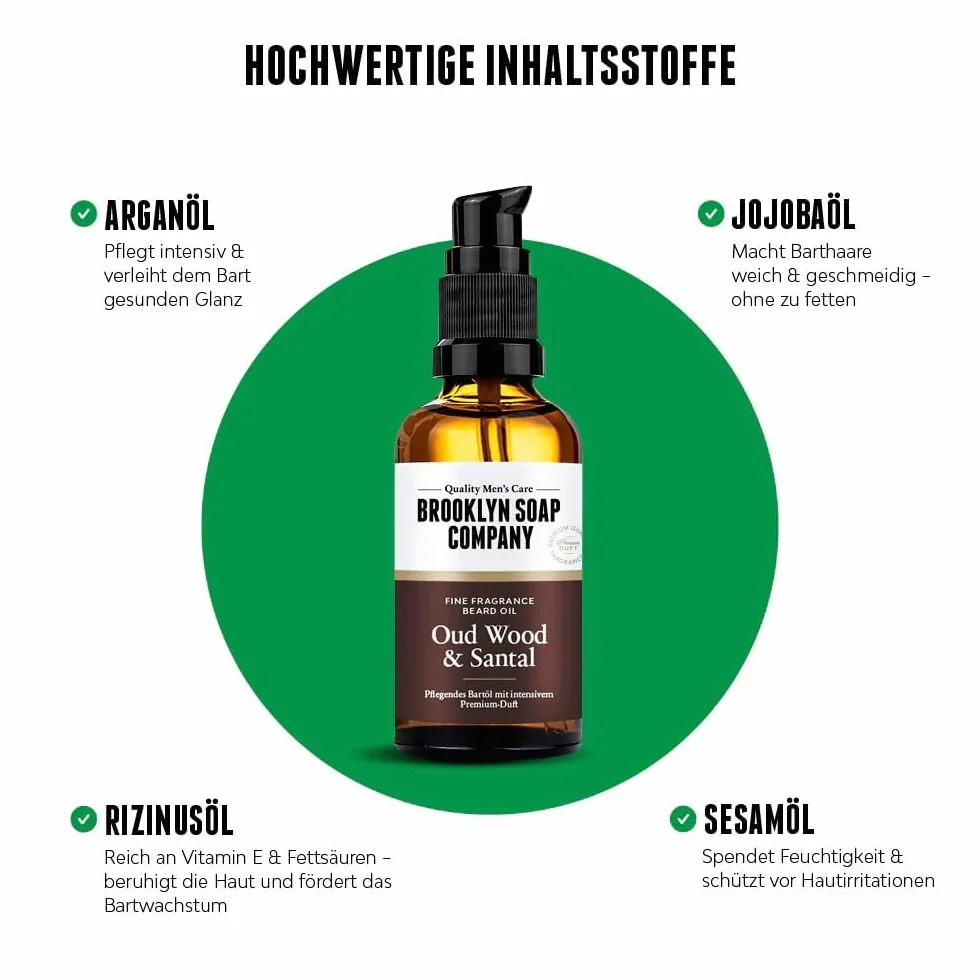Brooklyn Soap Company Oud Wood & Santal olejek do brody 50 ml – pielęgnujący olejek do brody dla mężczyzn – do codziennej pielęgnacji brody – Beard Oil w rozmiarze podróżnym, idealny jako prezent dla