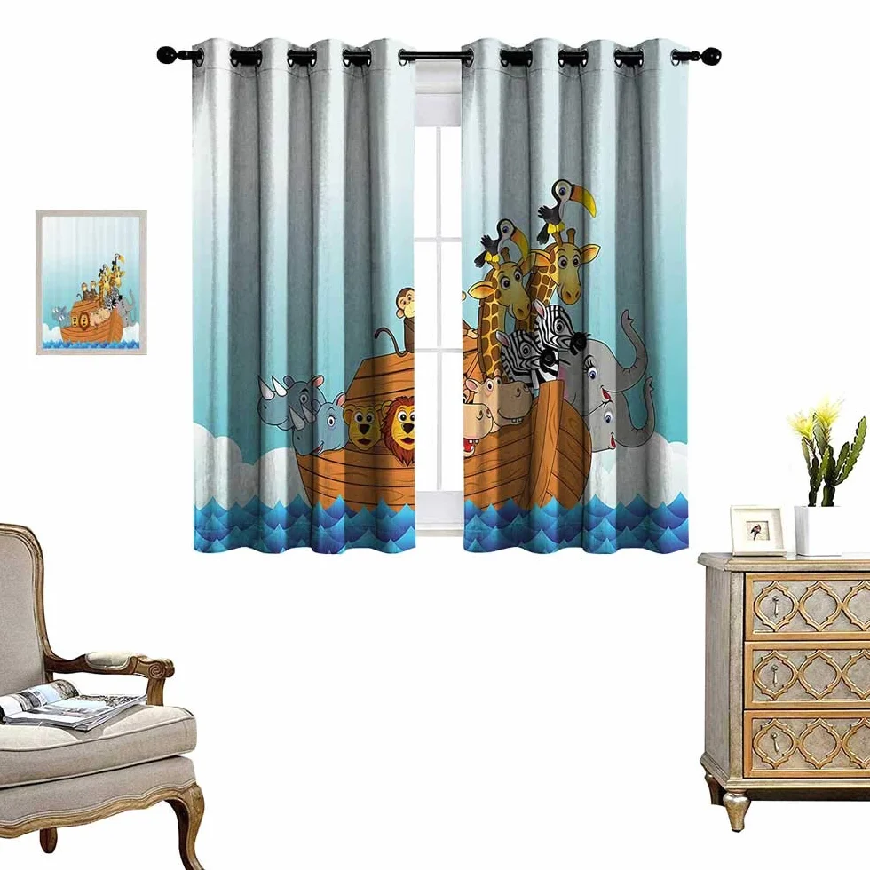 fengruihome Fashion Window Curtain Grommet Curtains for Living Room/Bedroom Noahs Ark in Waves in The Sea Water Carto Characters Animal Giraffe Elephant 63"X45"