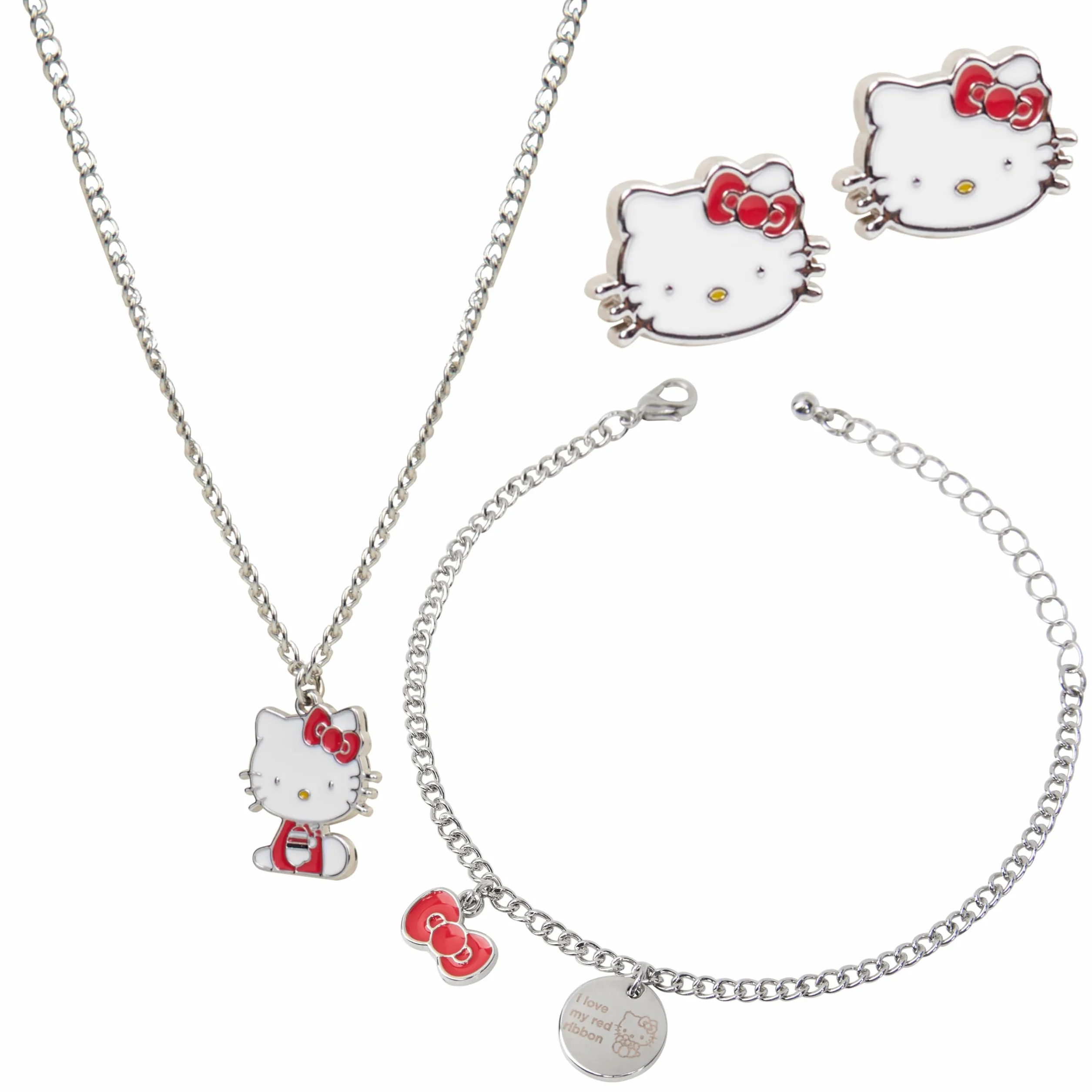 Hello Kitty Zestaw biżuterii dla dziewcząt i nastolatek, naszyjnik w kolorze srebrnym, bransoletka i kolczyki - Kawaii Gifts for Girls