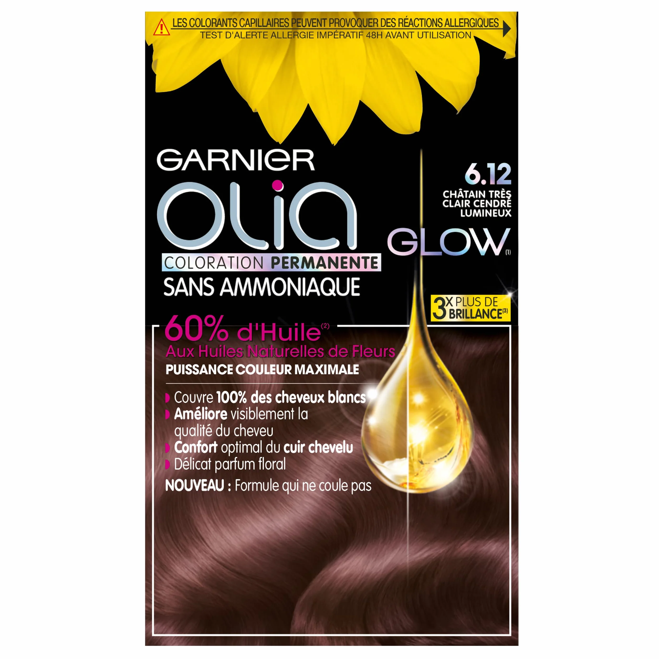 Garnier Olia Glow permanentna farba do włosów, bez amoniaku, naturalne olejki kwiatowe, bardzo jasny popielaty brąz (6.12)