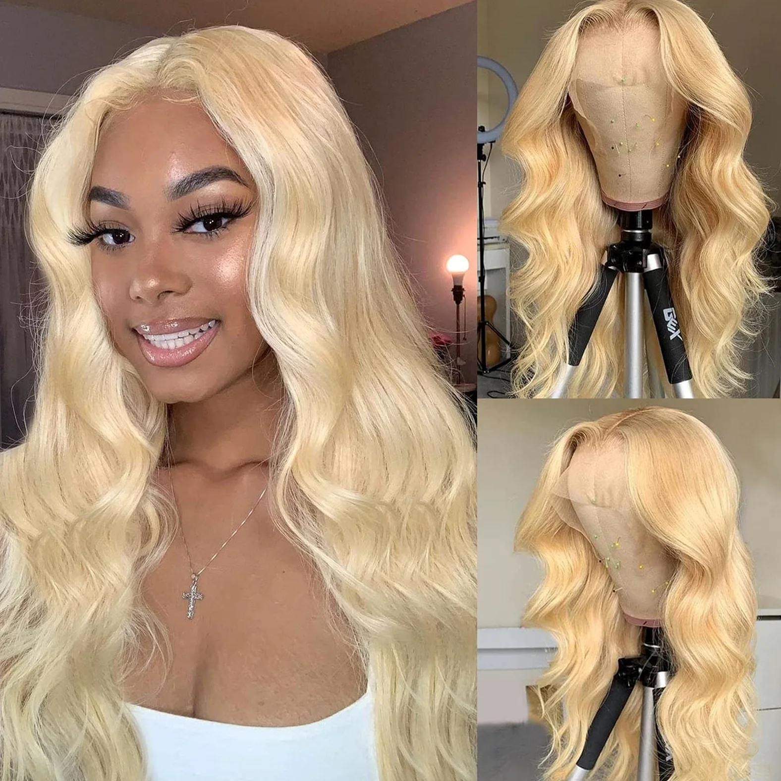 Blond 613 Blond peruki koronkowe syntetyczne peruki dla kobiet wstępnie oskubane dziecko włosy długie kręcone włosy włókno odporne na ciepło część T peruka