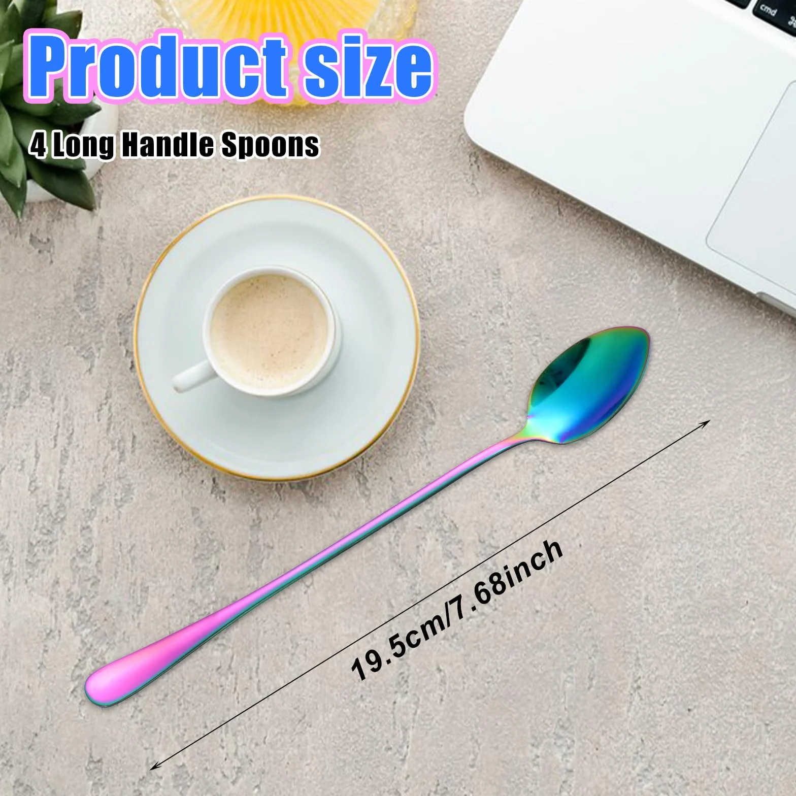 4 długie łyżki do lodów ze stali nierdzewnej, Sundae Spoons, wytrzymałe i trwałe, zestaw łyżek do latte macchiato do koktajli, deserów, macchiato, Sundae, 19,5 cm, kolorowe łyżki do
