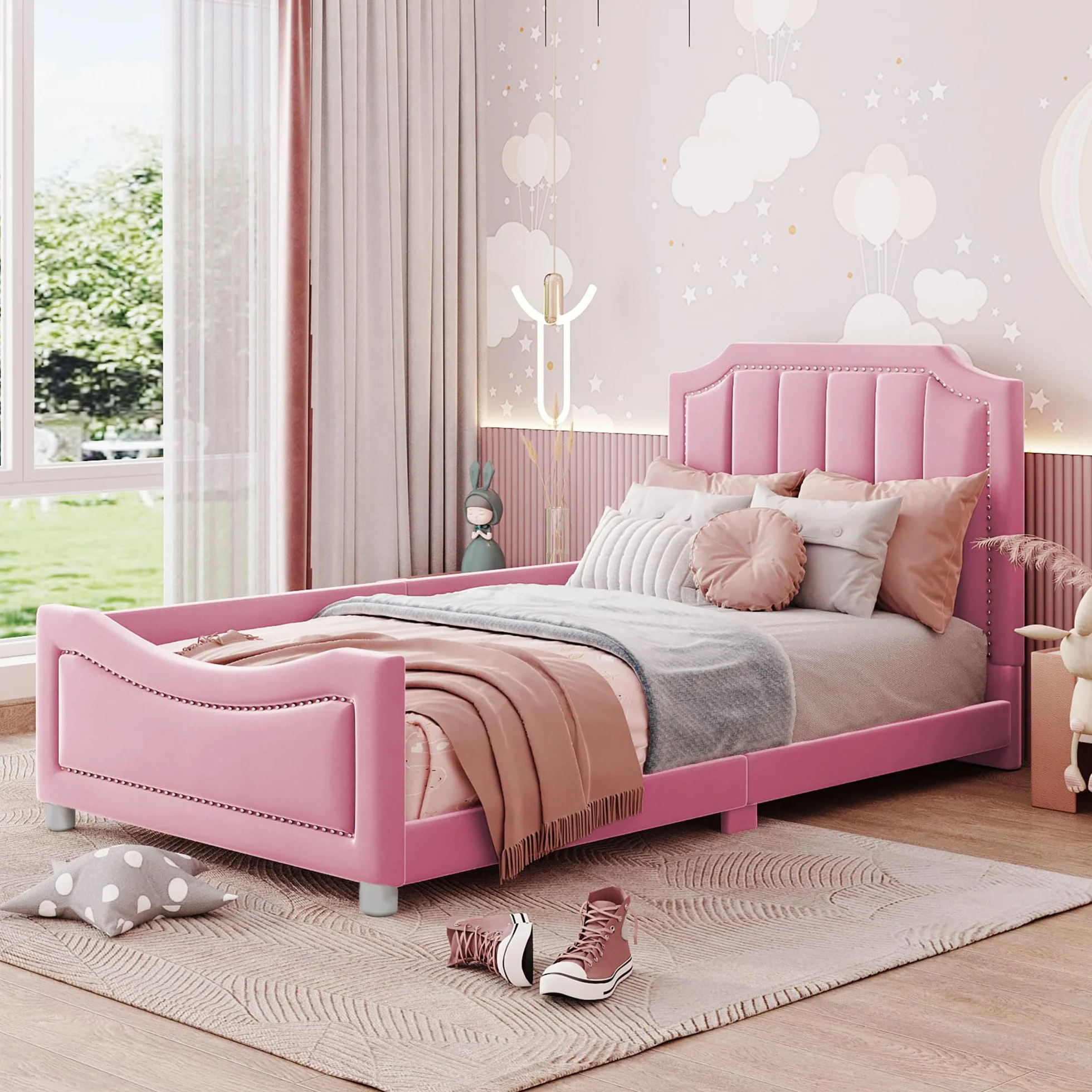 HAINEW Łóżko dziecięce, tapicerowane, 90 x 200 cm, z zagłówkiem i stelażem, flanelowe, łóżko pojedyncze, sofa do spania, łóżko dla gości z podłokietnikami, dla chłopców lub dziewczynek (różowe)