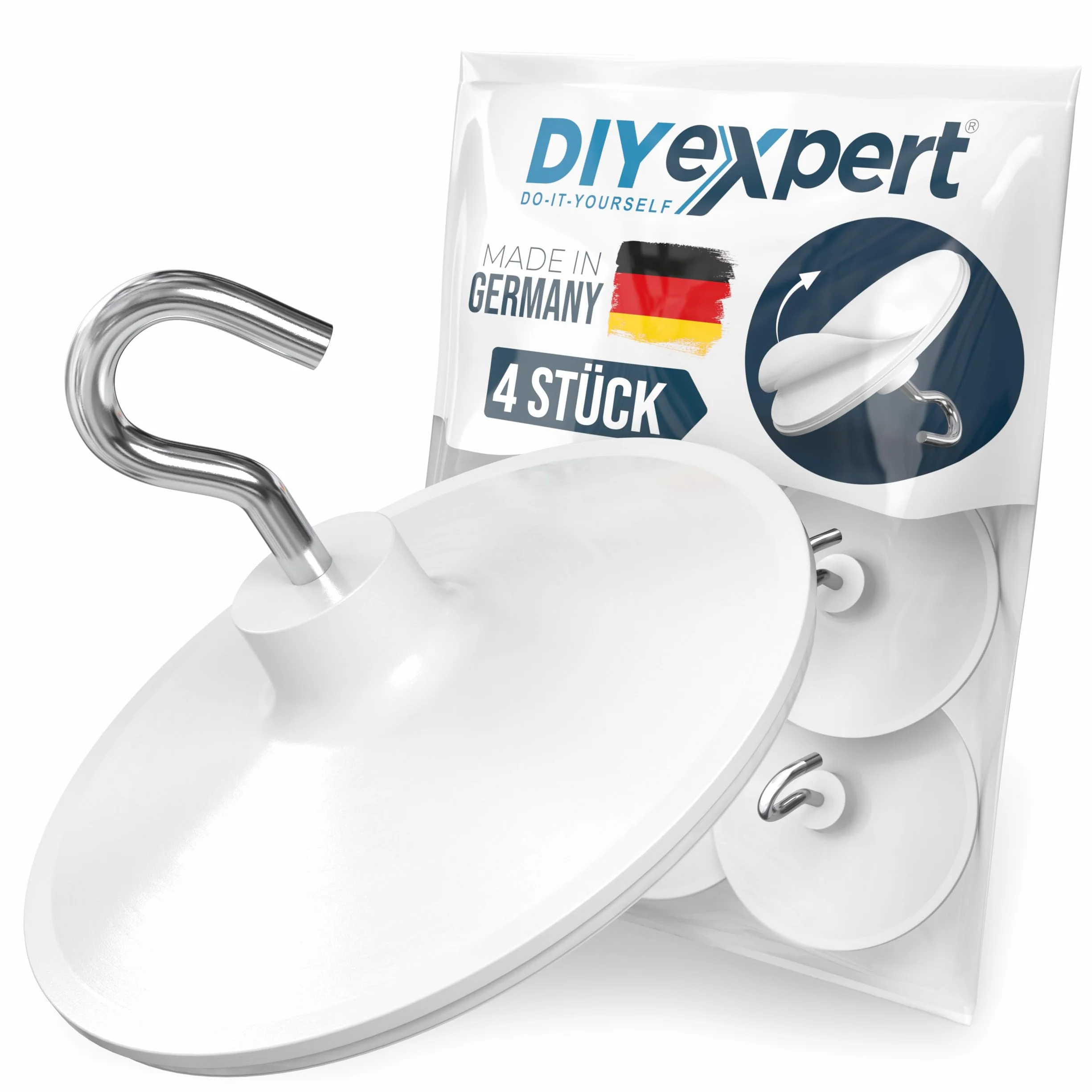 DIYexpert haki sufitowe samoprzylepne | wykonane w Niemczech | [z uchwytami] [4 sztuki] | bardzo mocne klejone haki sufitowe | wieszaki ścienne bez wiercenia