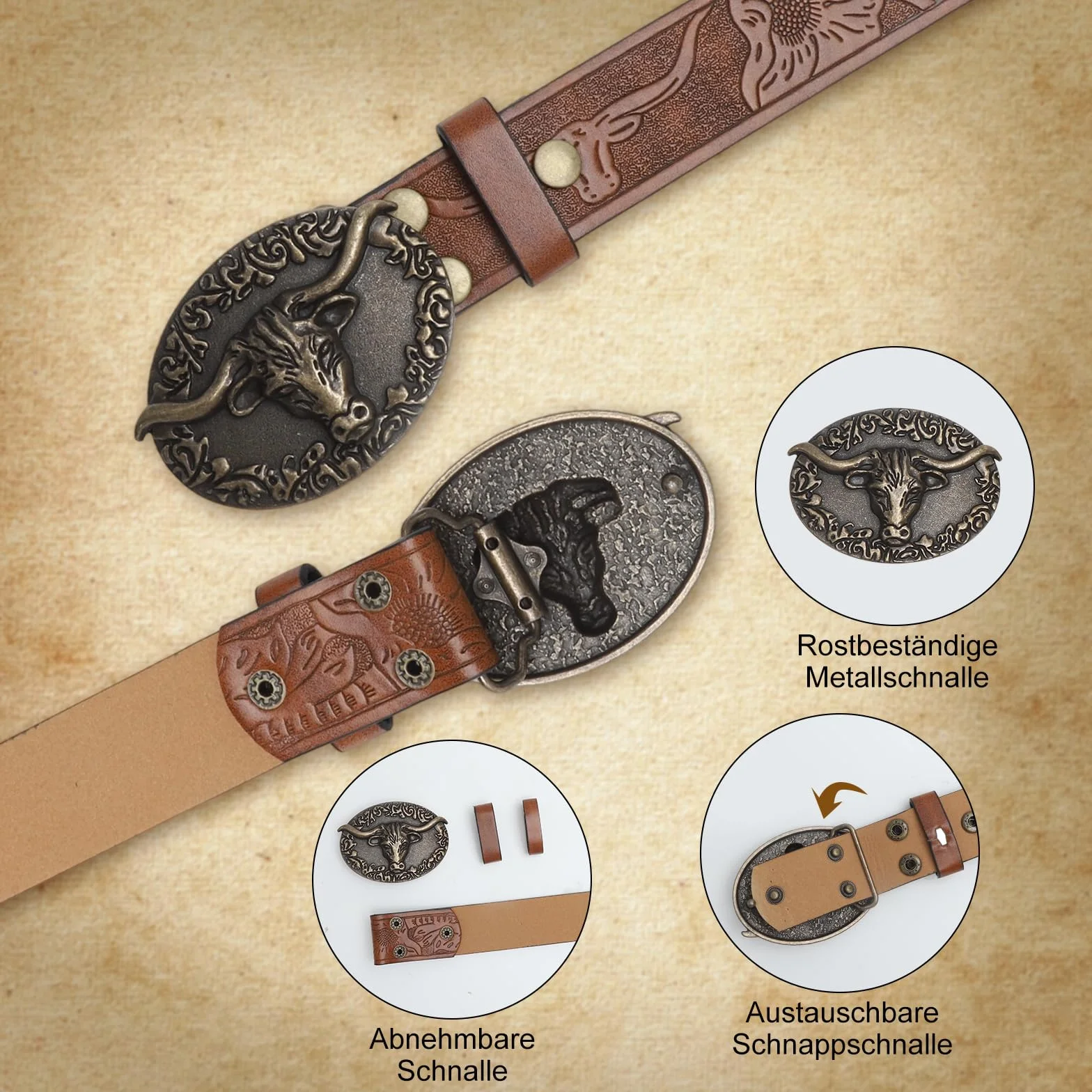 Pasek kowbojski męski z klapką - pasek western damskie kowbojskie z mosiądzową klamrą Longhorn Bull, kwiatowym wzór, brązowy, damskie w stylu country na jeansy, na co dzień, na imprezę, prezent