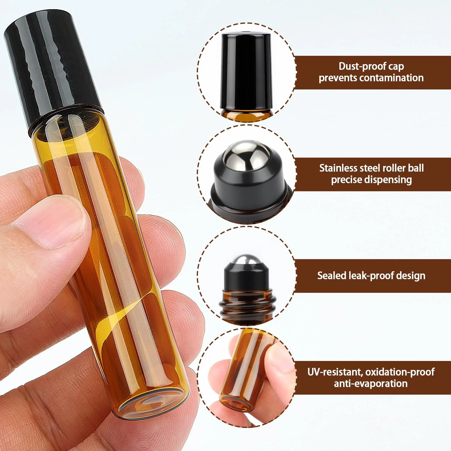 Roll on butelka pusta 10 ml, rolka na olejki eteryczne, akcesoria, 10 sztuk, odporne na promieniowanie UV, do wielokrotnego napełniania, szklane butelki roll-on z kulką ze stali nierdzewnej