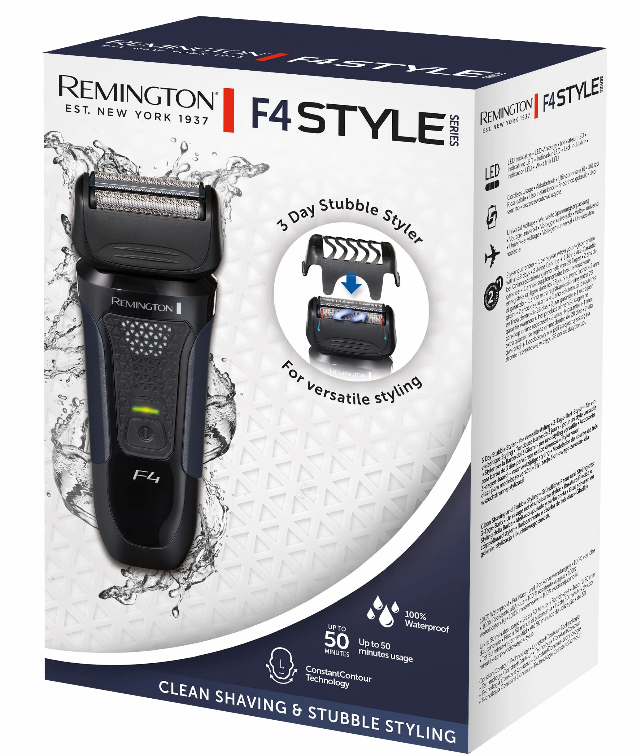 Remington golarka męska, elektryczna, foliowa, bezprzewodowa, wodoodporna, do golenia na sucho i mokro, nasadka do 3 dniowego zarostu, wysuwany precyzyjny trymer, wskażnik LED, Style Series, F4002 F4