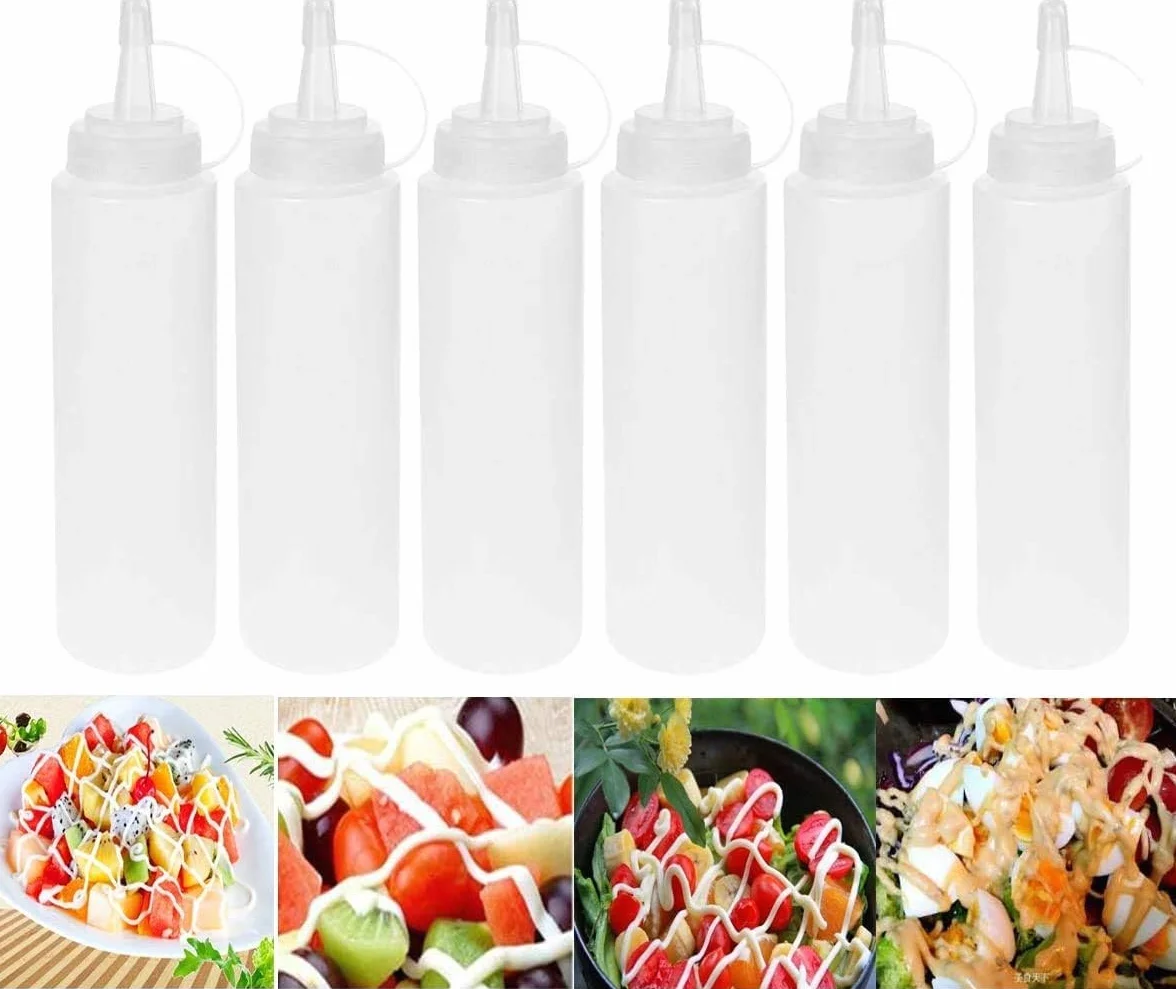 AOI Zestaw 6 plastikowych butelek z dozownikiem do sosów przyprawowych, do domu, restauracji, musztardy, Mayo, oliwy z oliwek, grilla, bez BPA, 230 ml, białe.