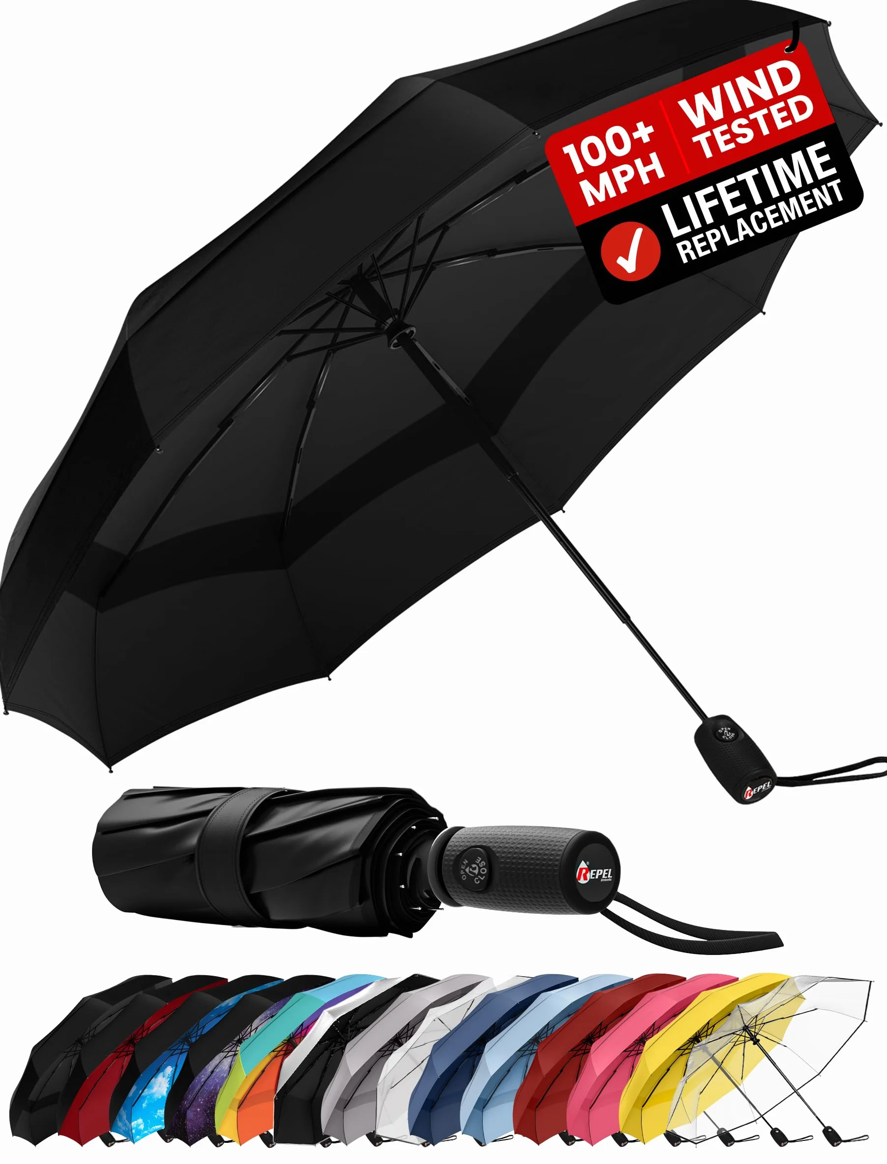 Repel Umbrella Windproof Travel Umbrellas for Rain - Easy Auto Open Close, Durable & Compact Umbrella, Strong Fiberglass Frame, Waterproof Canopy - Backpack, Purse, Portable Umbrella for Travel