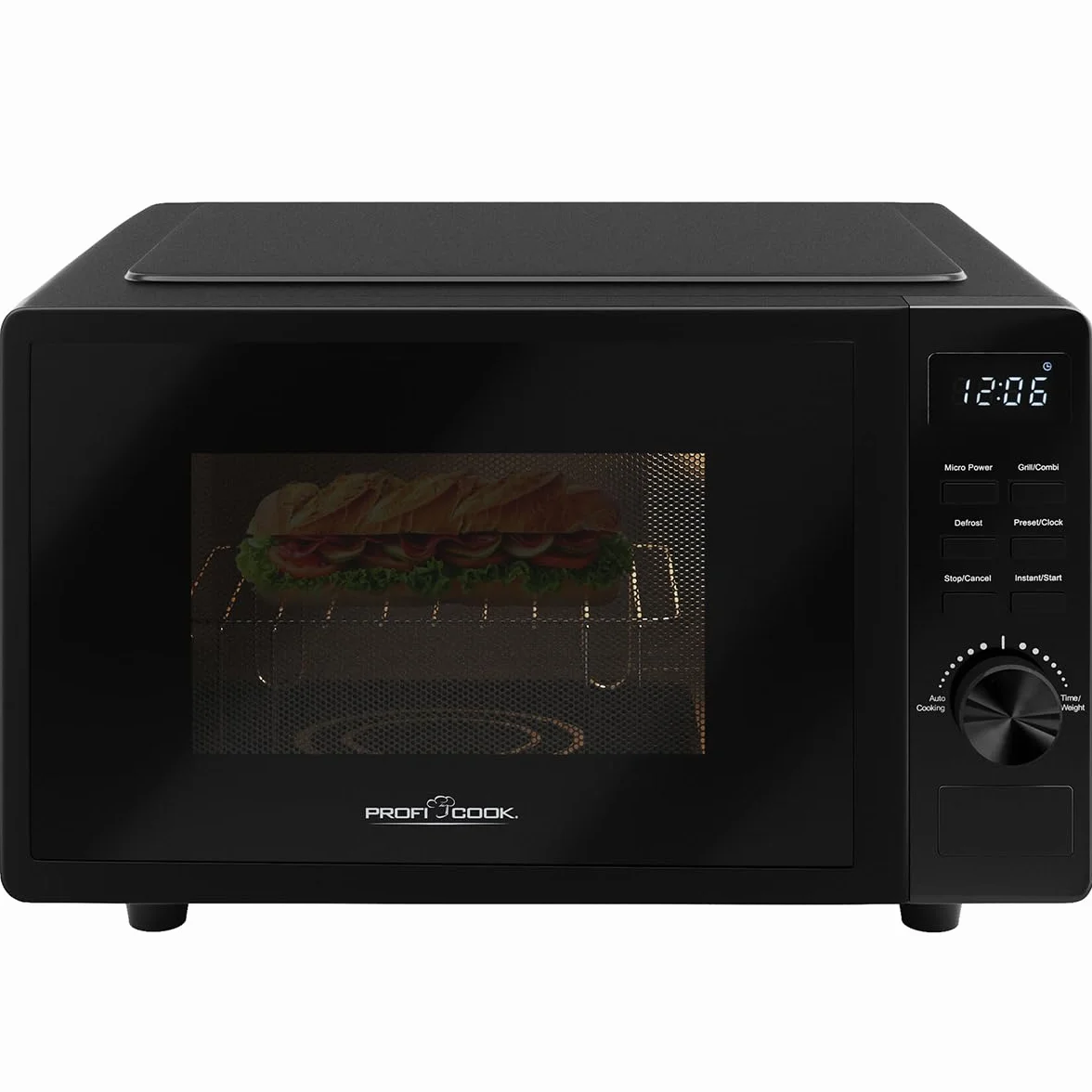 ProfiCook kuchenka mikrofalowa z grillem, 20 l, kuchenka mikrofalowa bez talerza obrotowego dla równomiernego rozprowadzania ciepła, czarna kuchenka mikrofalowa z timerem i funkcją rozmrażania, w