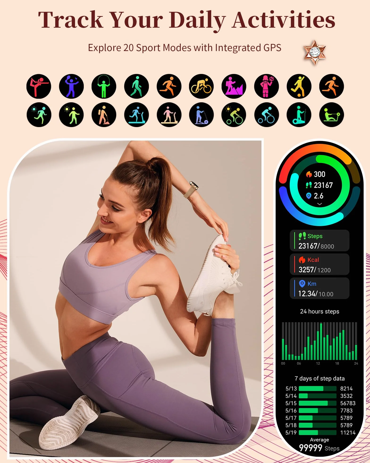 Smartwatch dla kobiet, Fitness Tracker z funkcją telefonu, wodoodporny IP68 1,3-calowy HD ekran dotykowy, z pulsometrem, pomiarem ciśnienia krwi, monitorowaniem snu, zegarek sportowy