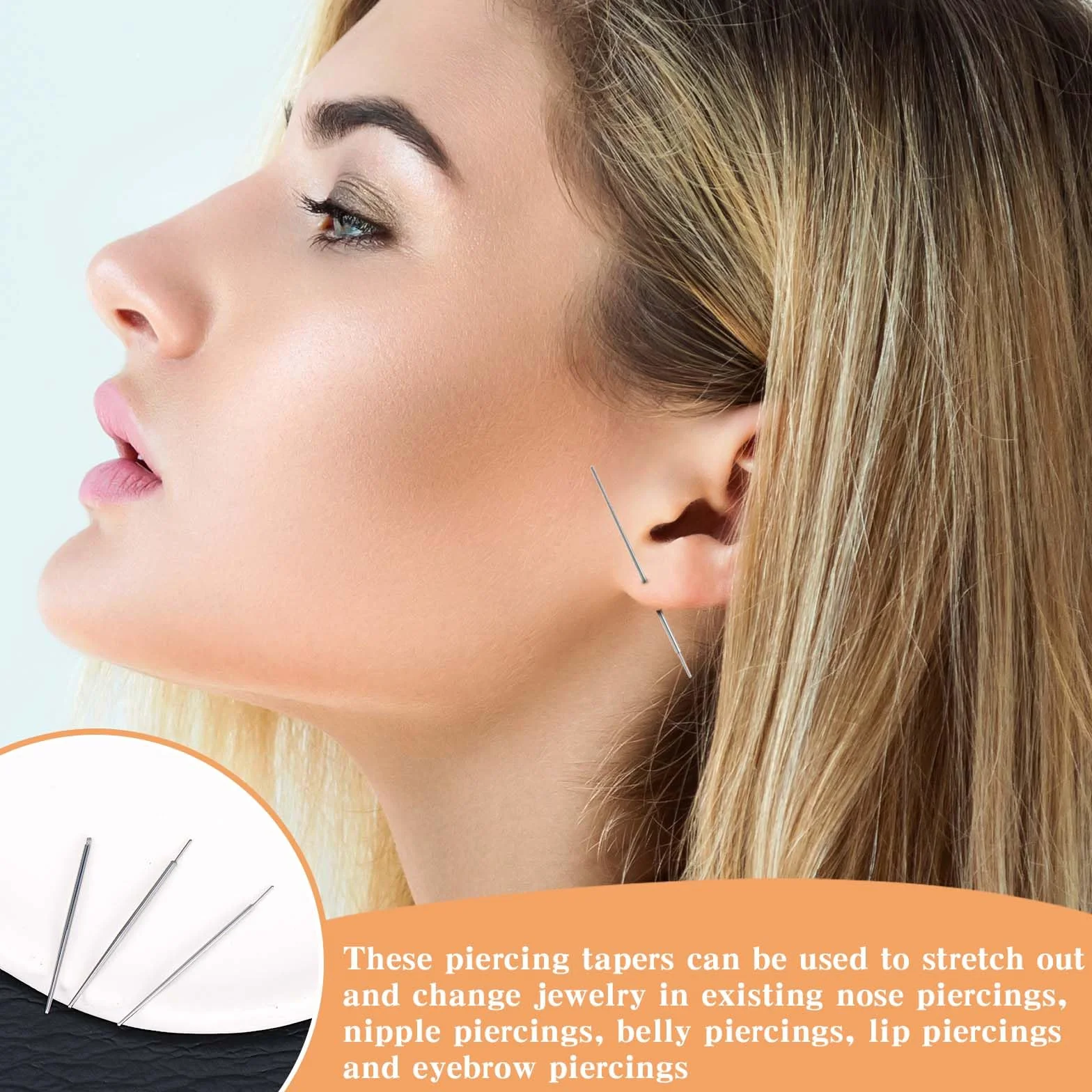 8 sztuk stożkowych narzędzi do wprowadzania piercingu, wymienne igły do piercingu, bezgwintowy pręt do wprowadzania, nakręcane narzędzie pomocnicze do nosa, pępka, wargi, brwi, ucha, chrząstki