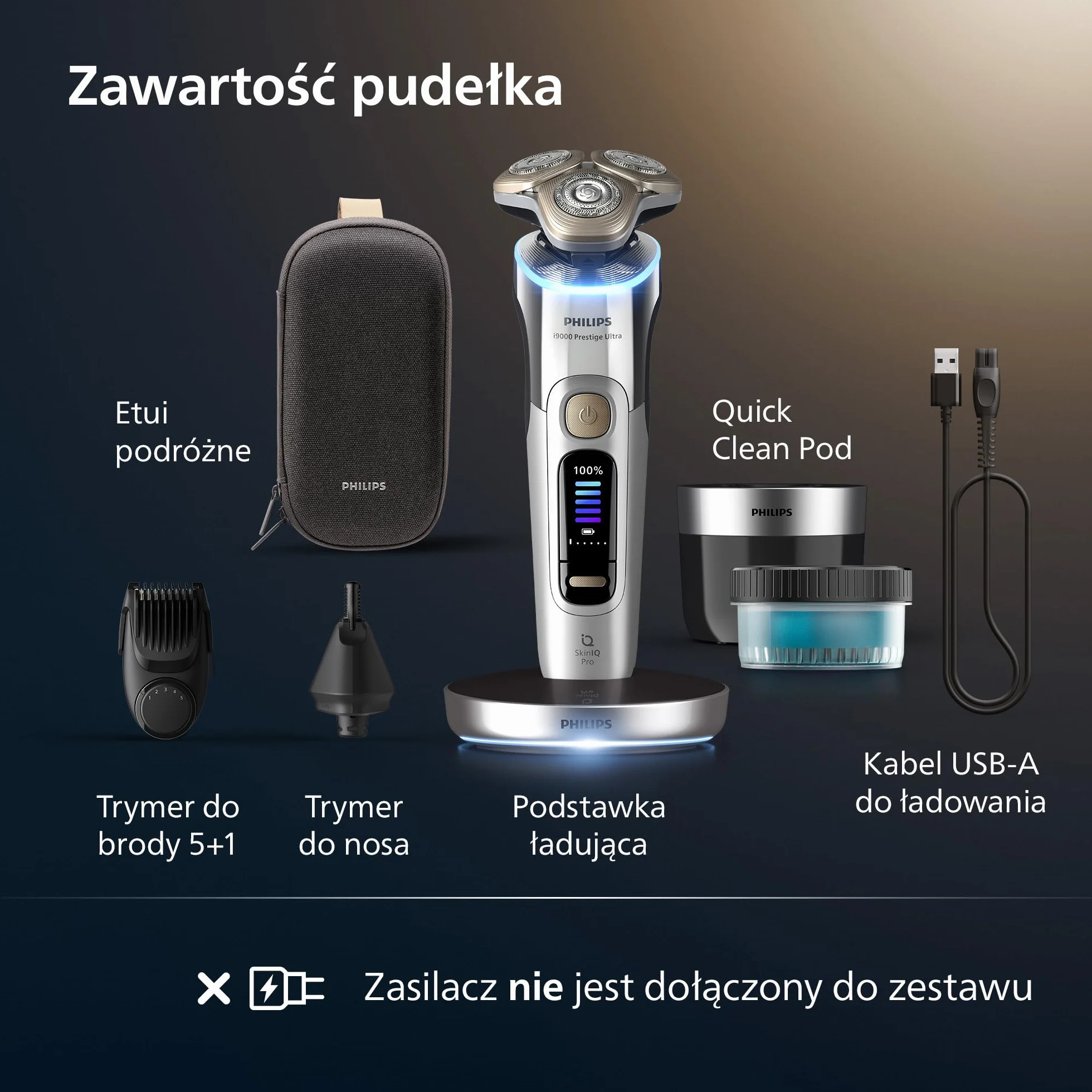 Philips Shaver i9000 Prestige Ultra, golarka elektryczna do golenia na sucho i mokro z technologią Skin IQ Pro, System Triple Lift & Cut, obrotowe 360º ostrza, 5 trybów golenia, Model XP9404/38