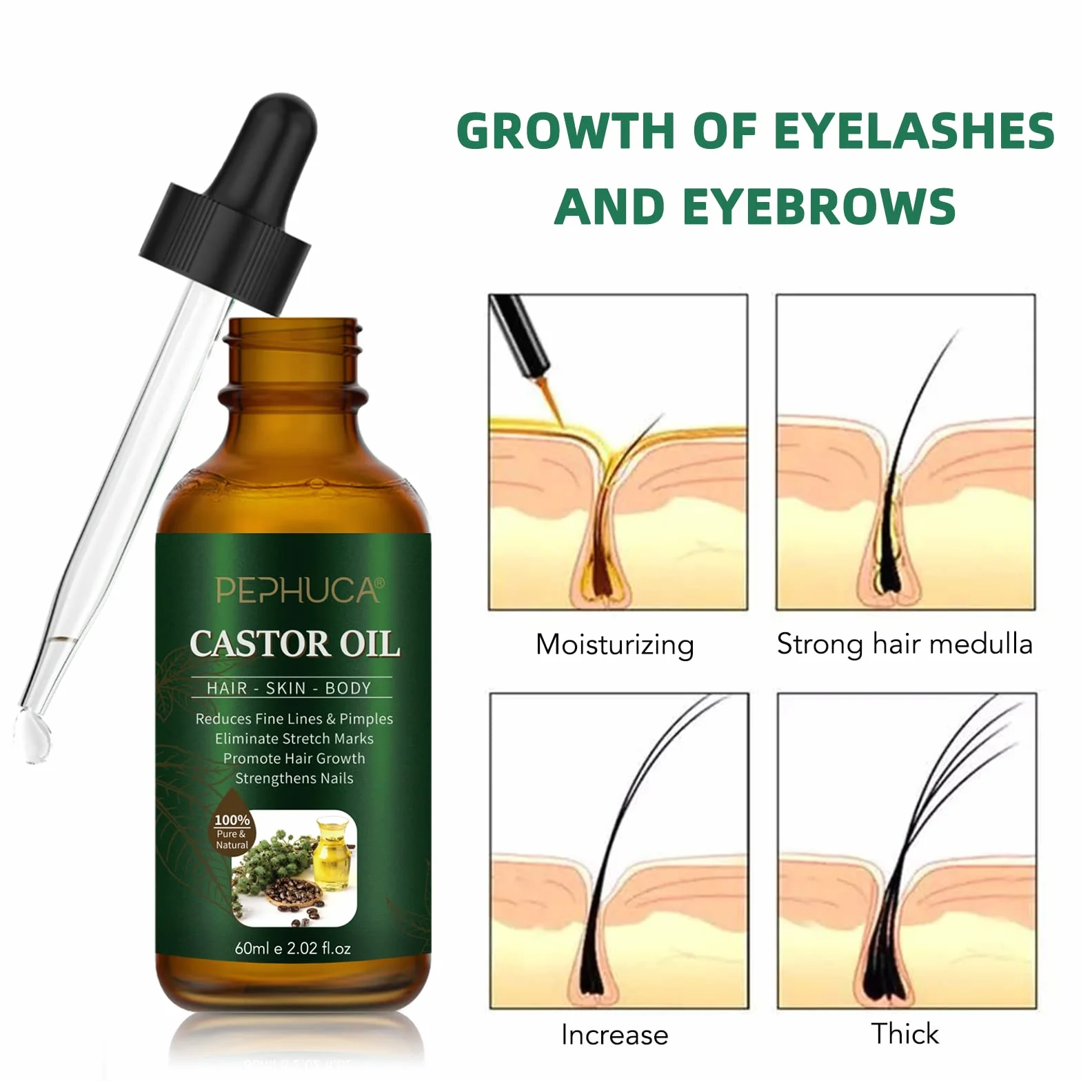 Olej rycynowy – Bio Castor Oil do włosów, rzęs, brwi, brody, paznokci, 100% czysty i naturalnie tłoczony na zimno, stosowany do wzrostu włosów, krem nawilżający i serum do rzęs, 60 ml