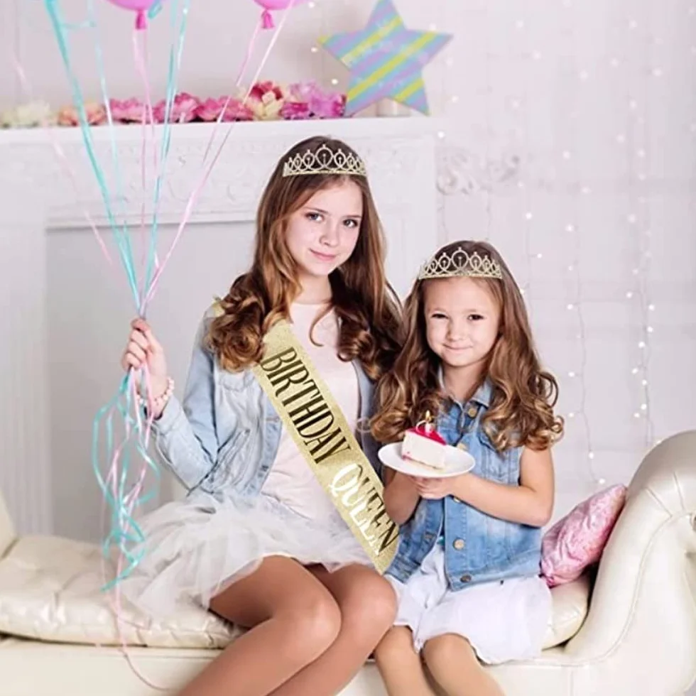 Szarfa korona urodzinowa, złota korona urodzinowa, kryształowa korona, szarfa z urodzinami Queen, akcesoria na imprezę urodzinową, dodatek do włosów księżniczki