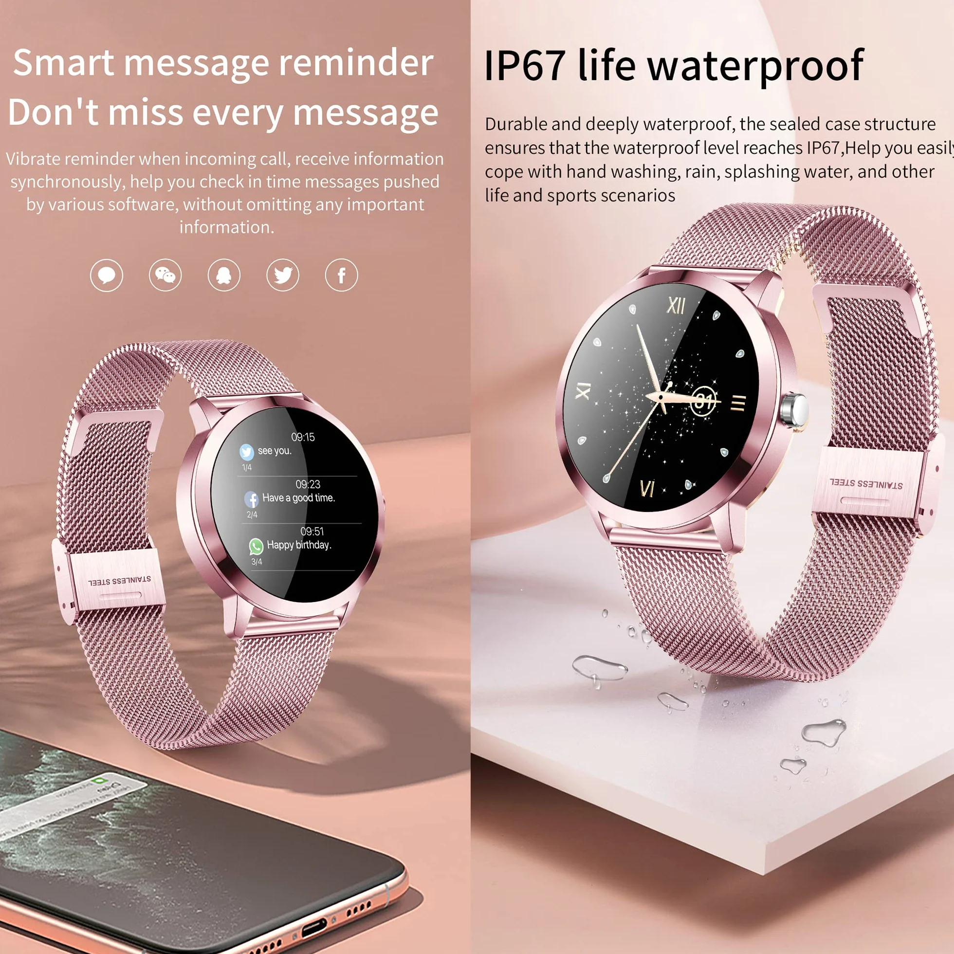 Damski smartwatch, IP68 wodoodporny sportowy smartwatch, 1,1 cala dotykowy pełna kalorii, SpO2, Menstrual Record, Krokomierz Inteligentna bransoletka aktywności z iOS Android