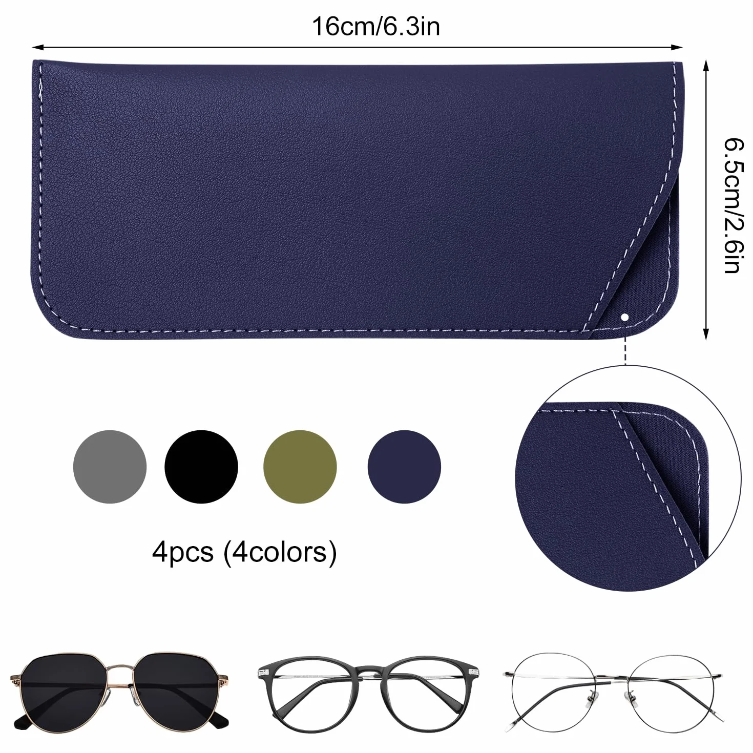 4szt Miekkie Etui na Okulary, 6,5x16cm Skórzany Pokrowiec na Okulary Etui na Okulary Przeciwsloneczne dla Kobiet Mezczyzn (Czarny, Ciemnoszary, Ciemnoniebieski, Zielony)
