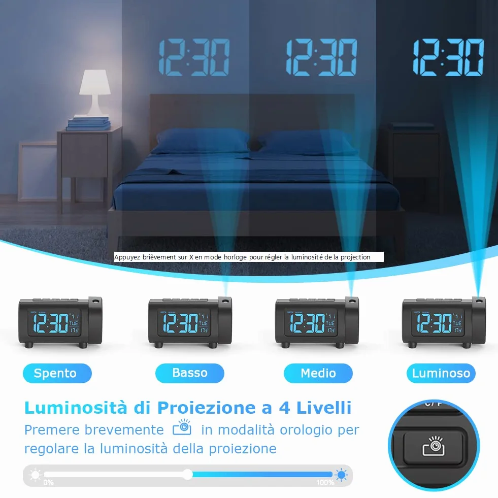 LIORQUE Budzik z projektorem Cyfrowy budzik nocny Wyświetlacz VA ze ściemniaczem tryb drzemki weekend duże cyfry temperatura data czas prawny Port USB